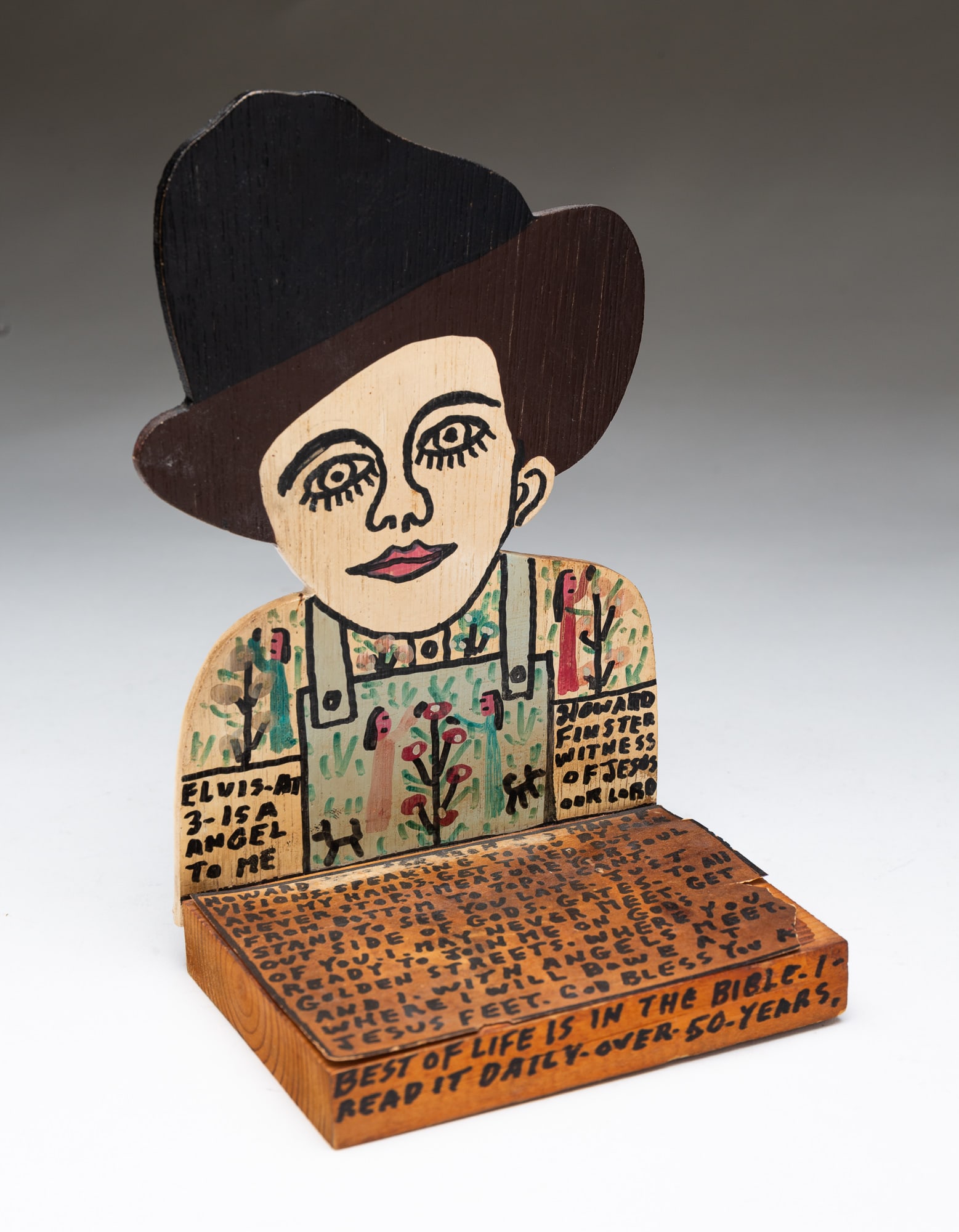 HOWARD FINSTER (SUMMERVILLE, GEORGIA, 1916-2001) "ELVIS AT 3" FOLK ART SCULPTURE, DATED 1991. 8"h. (1 of 5)