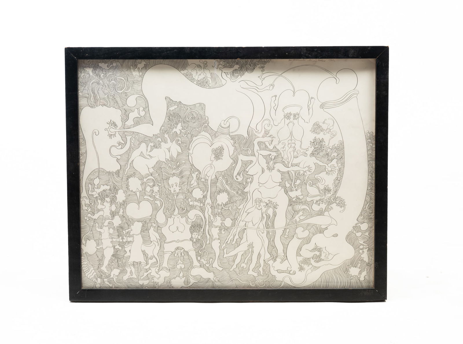 JAN DOBKOWSKI (POLISH, B. 1942) "DZWINI LUDZIE" OUTSIDER ART PENCIL DRAWING, DATED 1972.: On paper. Psychedelic and erotic pencil drawing of figures. Signed, titled, and dated at top right. Framed, label on back of frame reads M.J.M. Outsiders Folk Gallery in Northville, Michigan.Provenanc