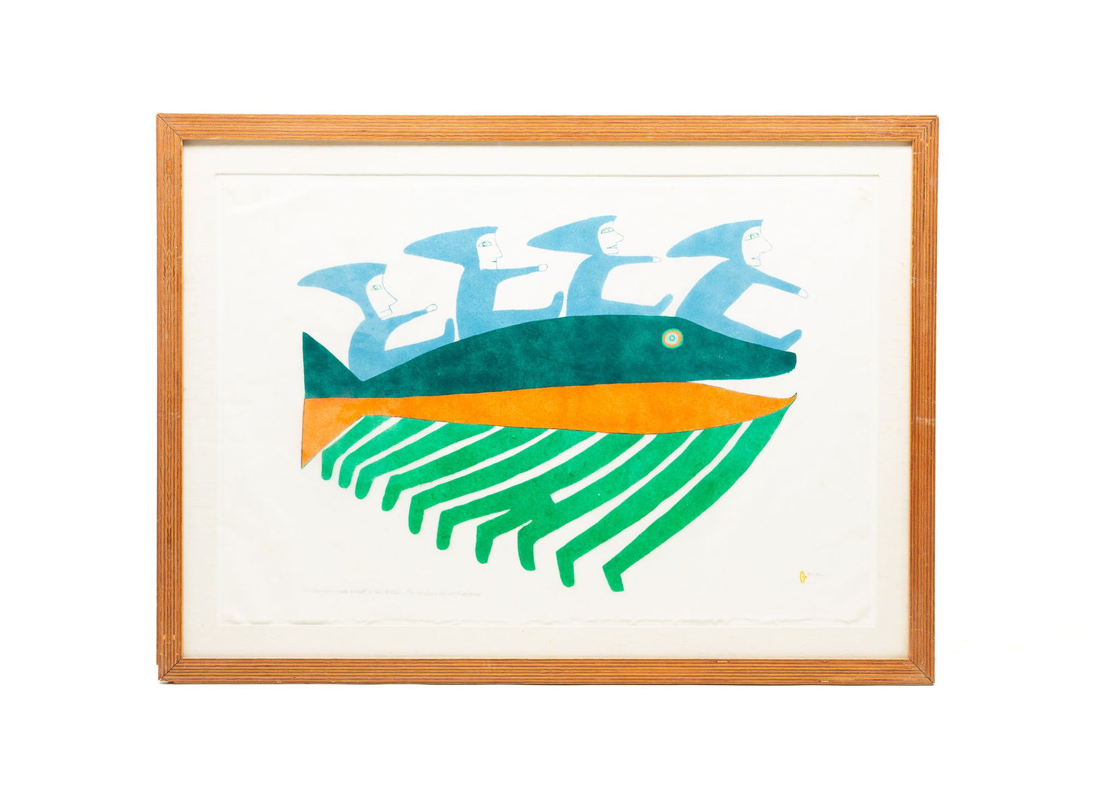 JESSIE OONARK (INUIT, 1906-1985) "THE FISHMAKER MADE KIVIUK A FISH TO RIDE" NUMBERED STONECUT PRINT, (1 of 5)