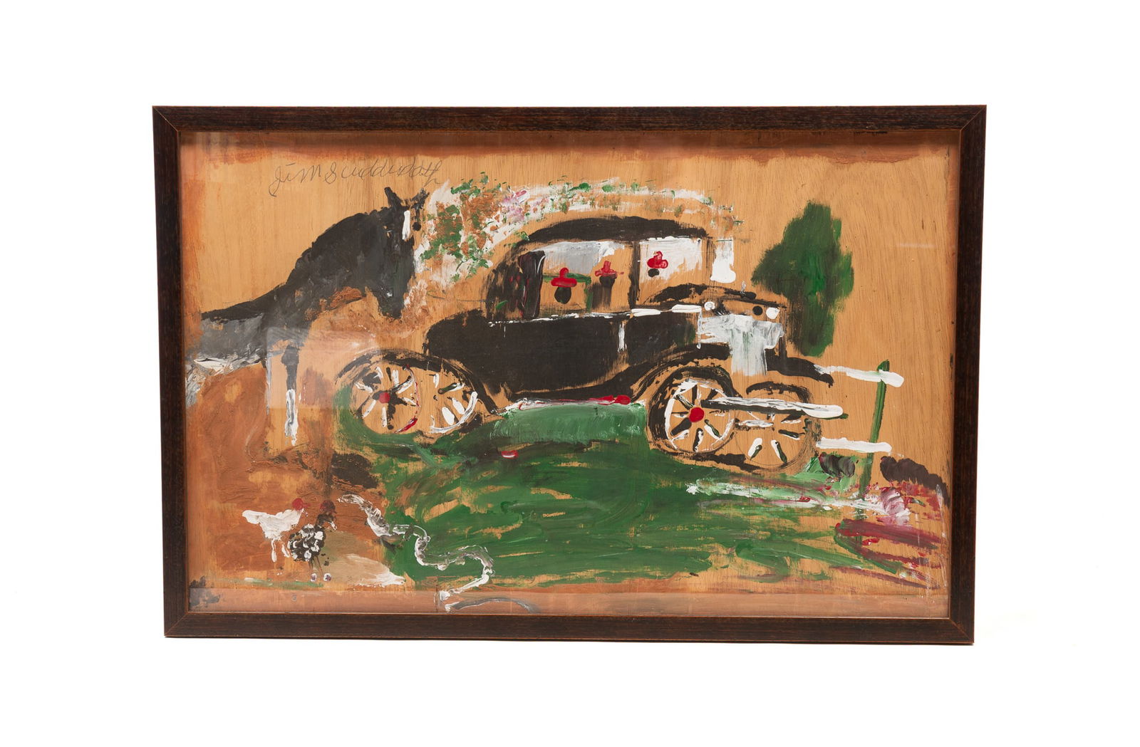 JIMMY LEE SUDDUTH (FAYETTE, ALABAMA, 1910-2007) OUTSIDER ART MUD AND ACRYLIC ON PLYWOOD BOARD OF CAR (1 of 4)