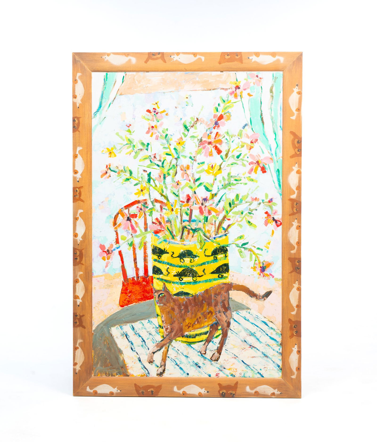 LARGE JIM WAGNER (TAOS, NEW MEXICO, 1940-2021) "CAN'T FOOL ME" OIL ON CANVAS OF A CAT AND FLOWERS, (1 of 5)