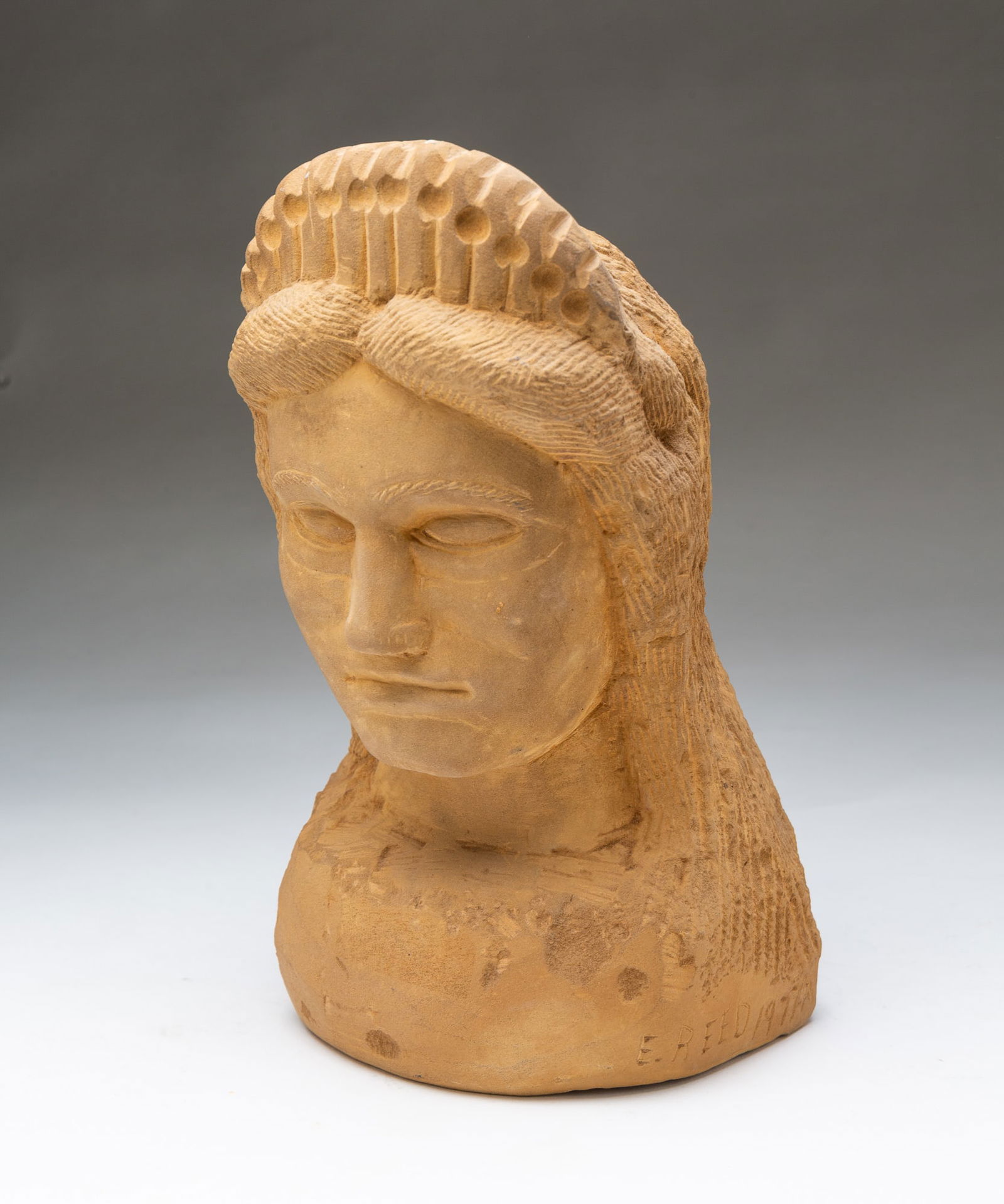 ERNEST "POPEYE" REED (OHIO, 1919-1985) FOLK ART CARVED STONE DIMINUTIVE HERA BUST SCULPTURE. 11.5"h. (1 of 4)