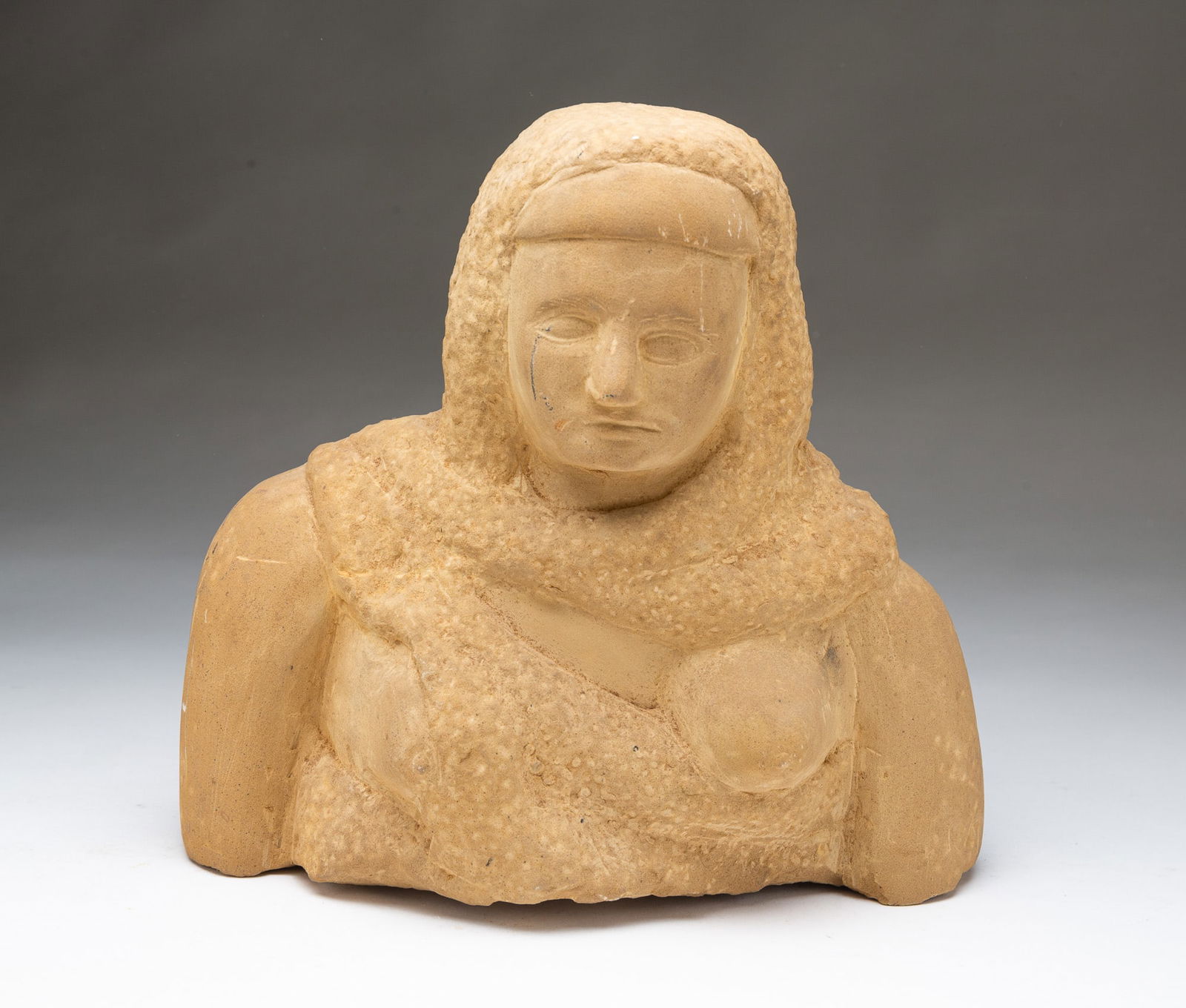 ERNEST "POPEYE" REED (OHIO, 1919-1985) FOLK ART CARVED STONE DIMINUTIVE FEMALE BUST SCULPTURE. (1 of 5)