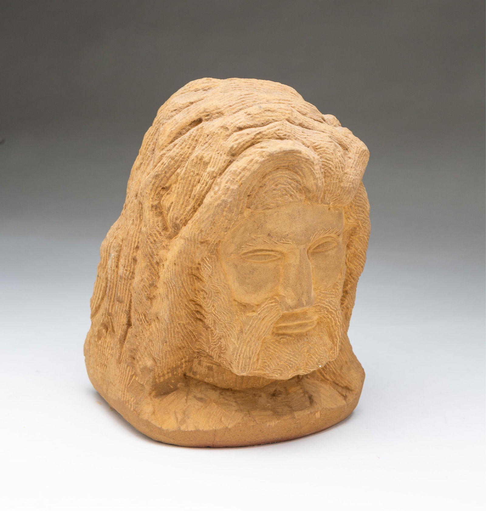 ERNEST "POPEYE" REED (OHIO, 1919-1985) FOLK ART CARVED STONE DIMINUTIVE ZEUS BUST SCULPTURE. 8.75"h. (1 of 4)