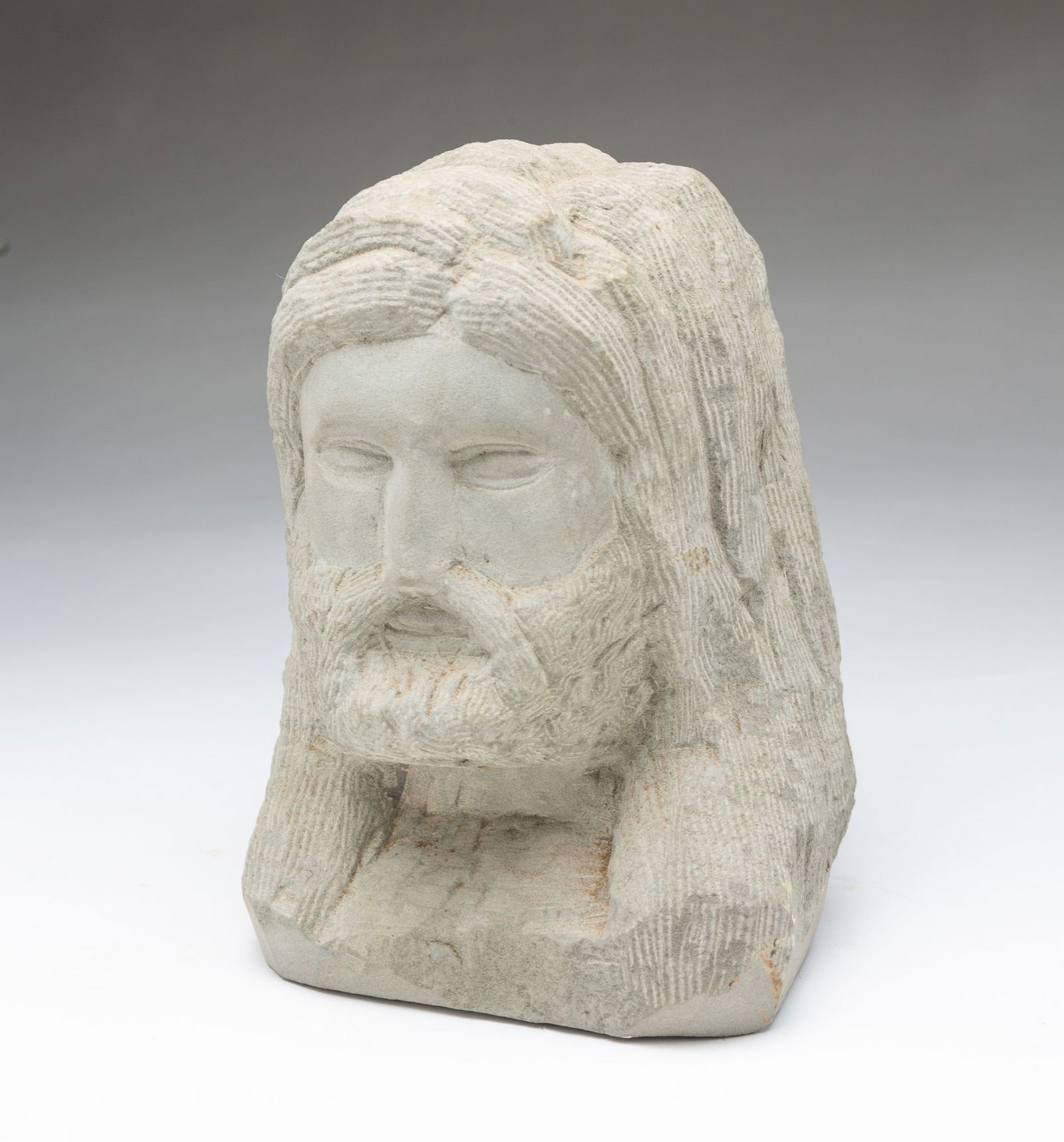 ERNEST "POPEYE" REED (OHIO, 1919-1985) FOLK ART CARVED STONE DIMINUTIVE ZEUS BUST SCULPTURE. 8"h. (1 of 4)
