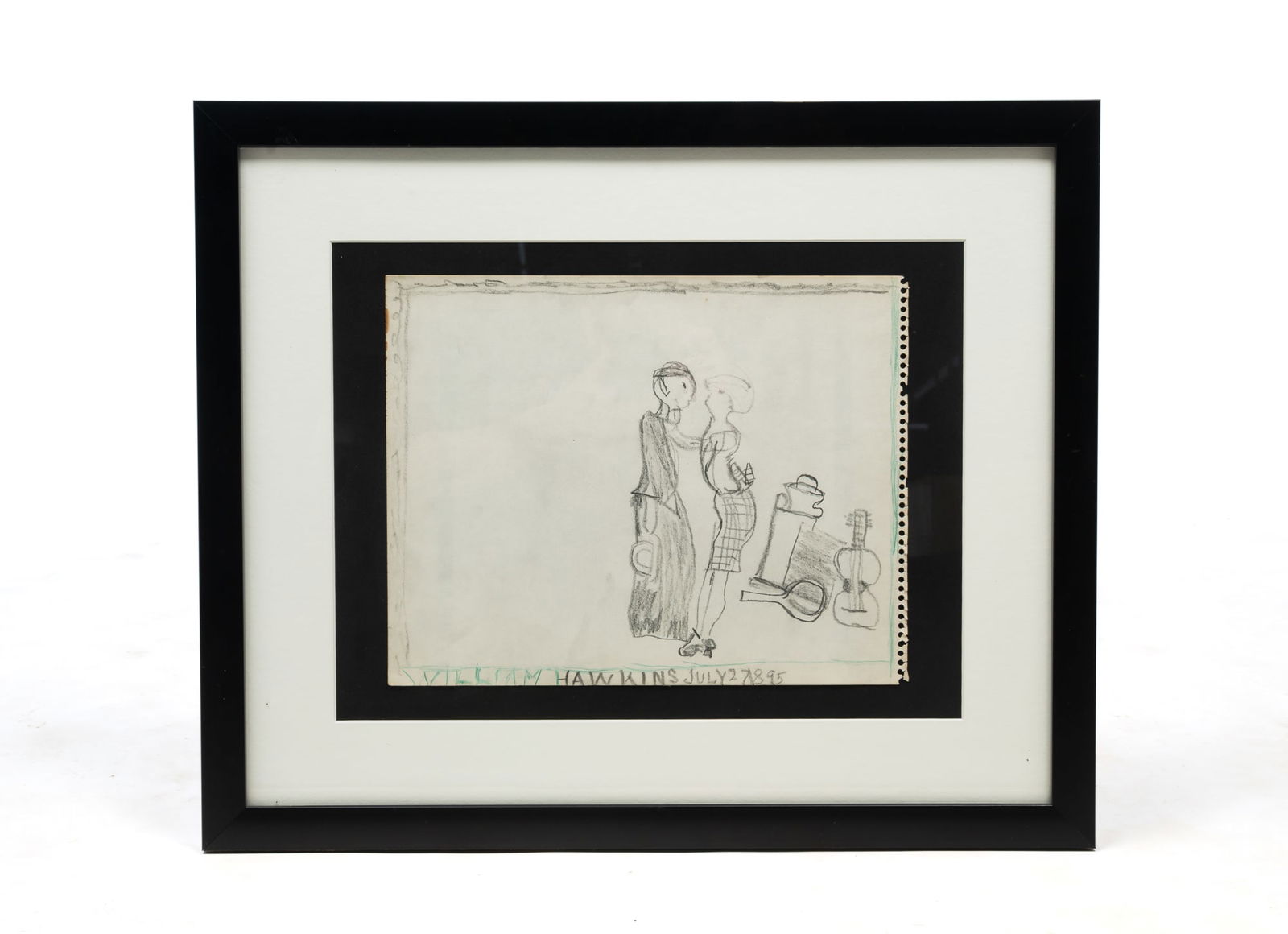 WILLIAM HAWKINS (COLUMBUS, OHIO, 1895-1990) OUTSIDER ART DRAWING OF KISSING COUPLE. Frame, 20"h. (1 of 6)