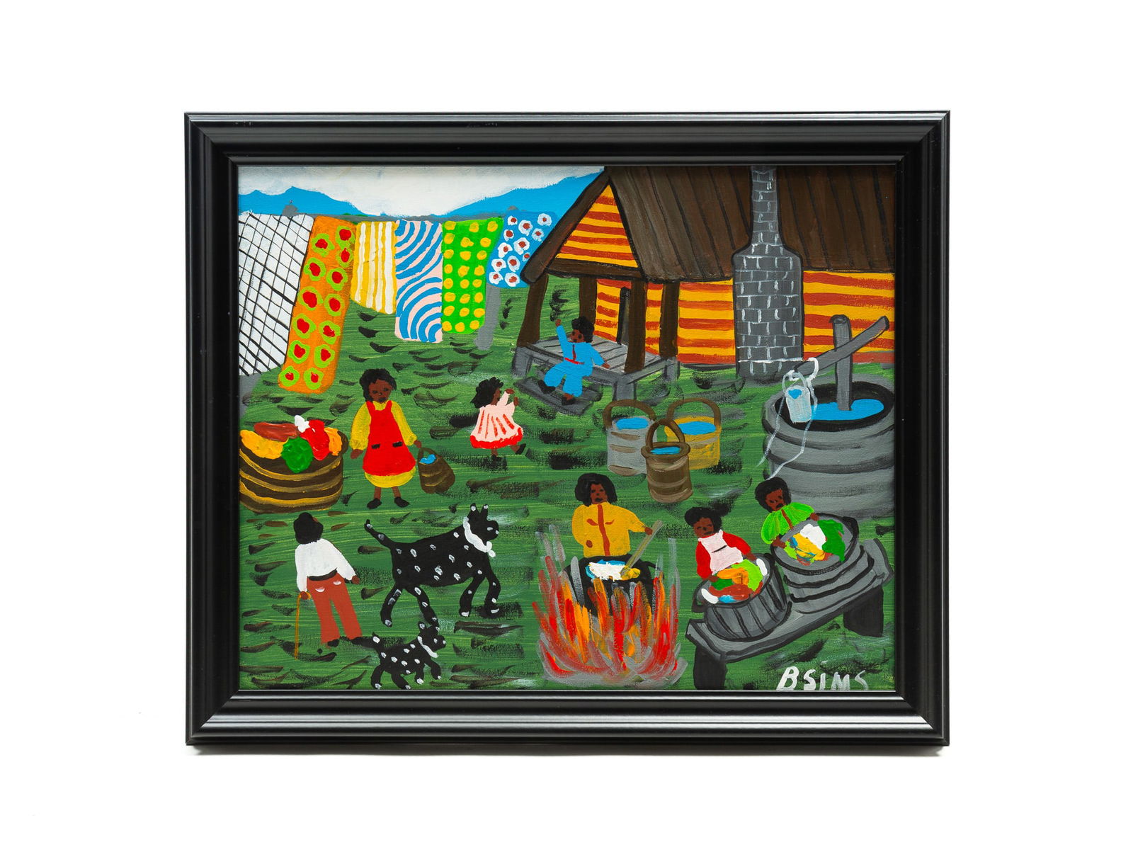 BERNICE SIMS (AMERICAN, 1926-2014) OUTSIDER ART ACRYLIC ON CANVAS OF LAUNDRY DAY. (1 of 4)