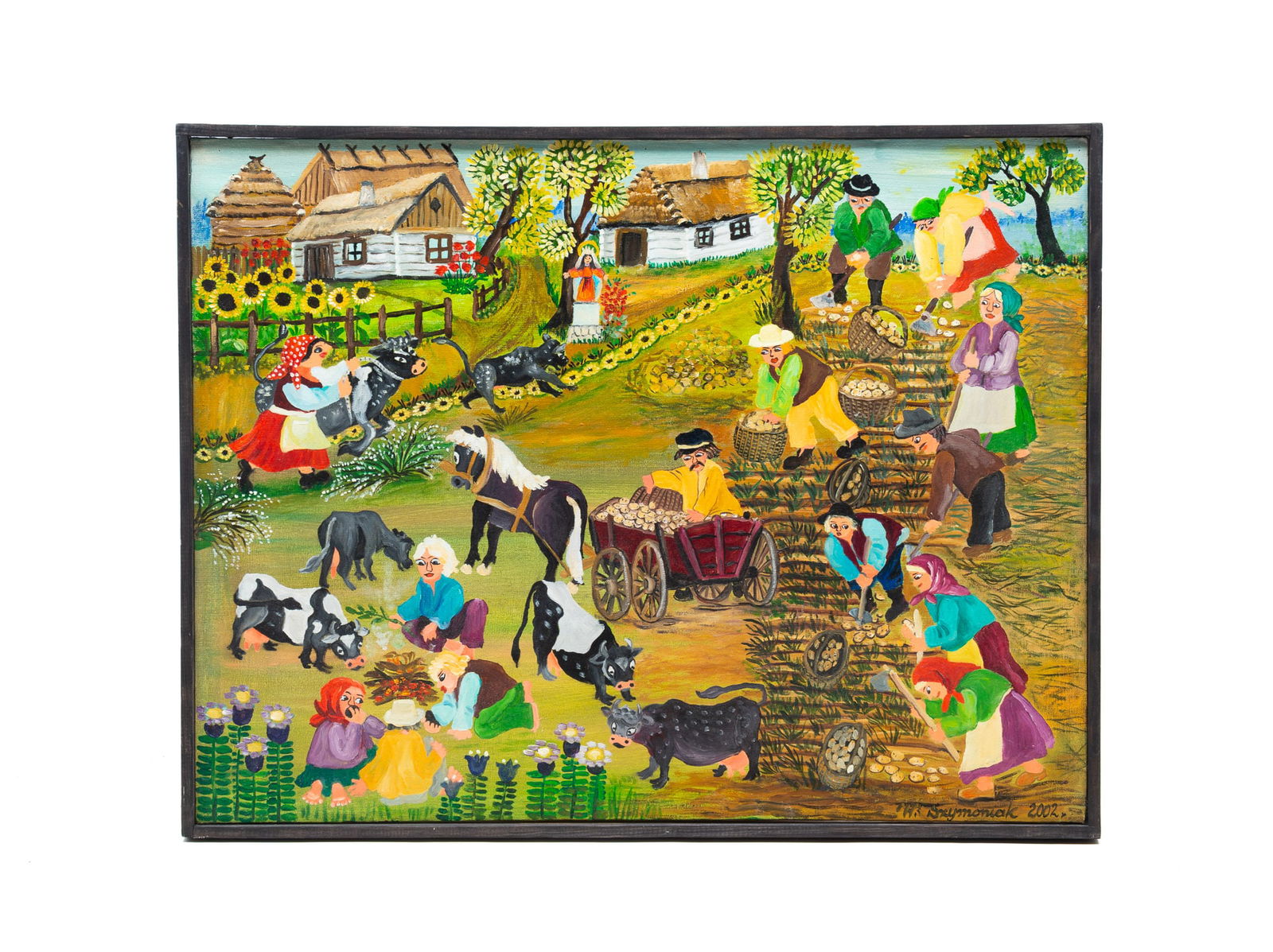 WIESLAWA SZYMONIAK (POLISH, 1942-2015) "KOPANIE KARTOFLI" ACRYLIC ON CANVAS. Frame, 20.75"h. 20.5"w. (1 of 5)