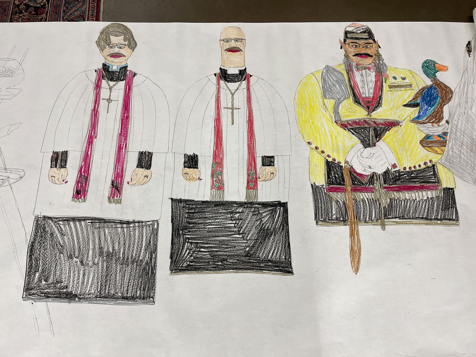 ALFRED MCMOORE (AKRON, OHIO, 1950–2009) MONUMENTAL OUTSIDER ART PENCIL DRAWING SCROLL. 60"h.: American, 20th Century. Pencil on paper. A large scene filled with vignettes of colorful figures, colored with crayon, priests, businessmen, clergy, and police.Provenance: From the Lifetime Collection