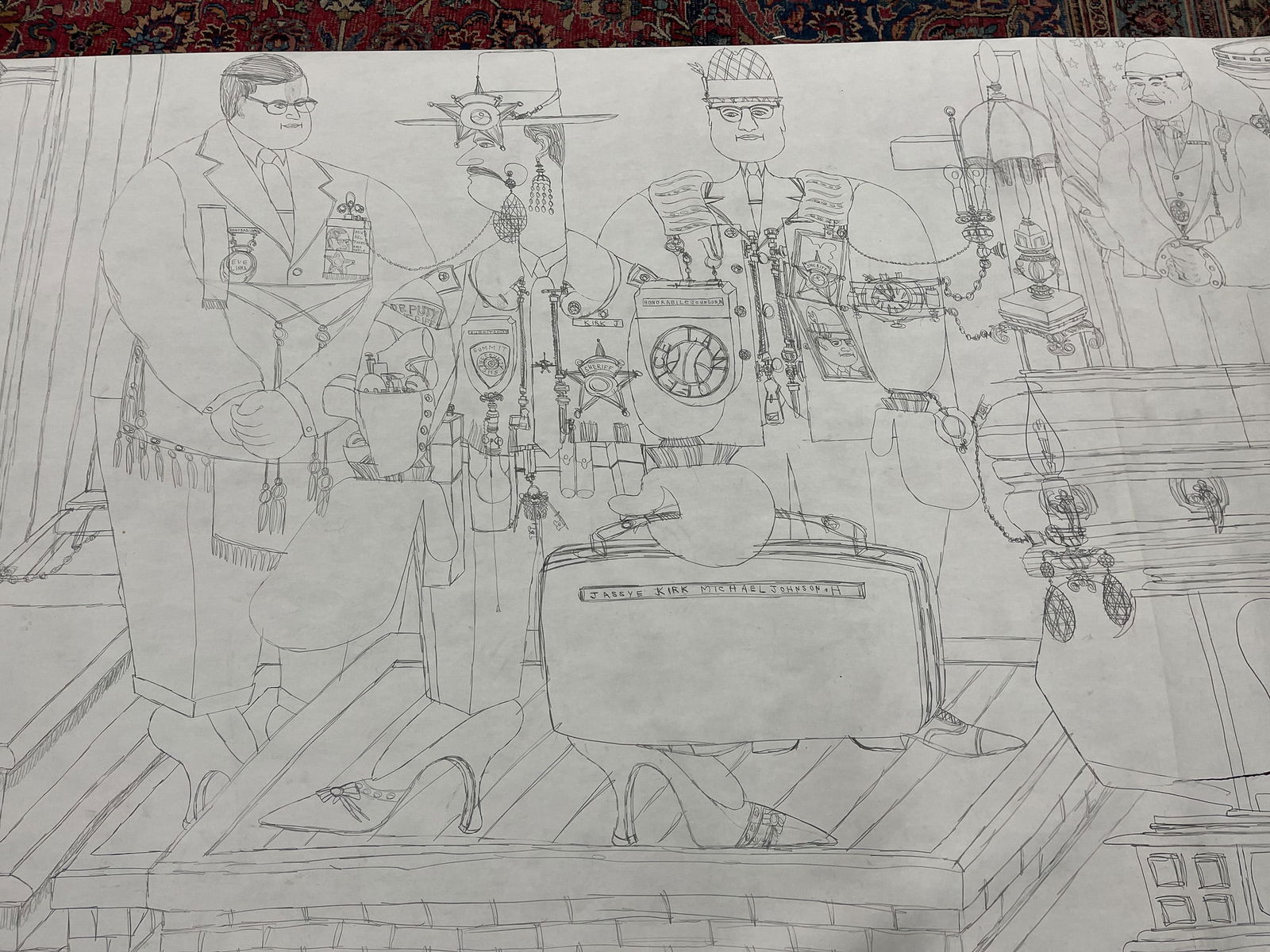 ALFRED MCMOORE (AKRON, OHIO, 1950–2009) MONUMENTAL OUTSIDER ART PENCIL DRAWING SCROLL. 60"h. (1 of 18)