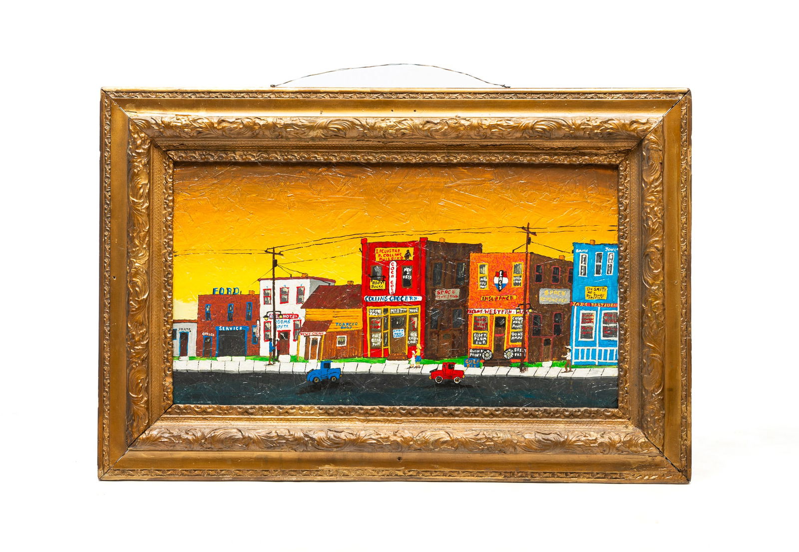OUTSIDER ART OIL ON PLYWOOD BOARD OF STREETSCAPE WITH FIGURES. Frame, 28"h. 42"w. Sight, 17.5"h. (1 of 6)