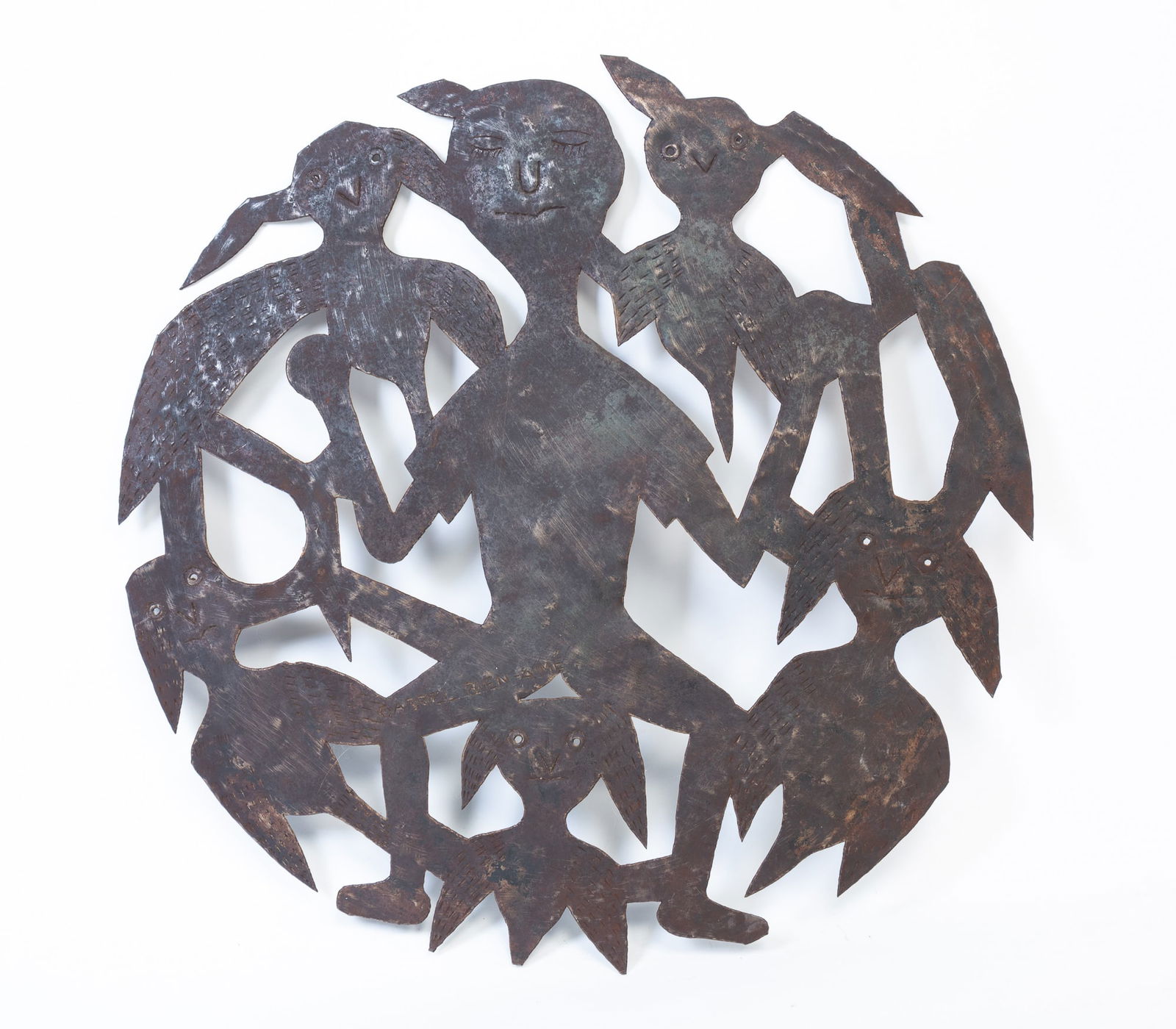 GABRIEL BIEN-AIME (HAITIAN, B. 1951) SHEET STEEL FIGURAL WALL SCULPTURE. 23.5"h. 23"w. (1 of 4)