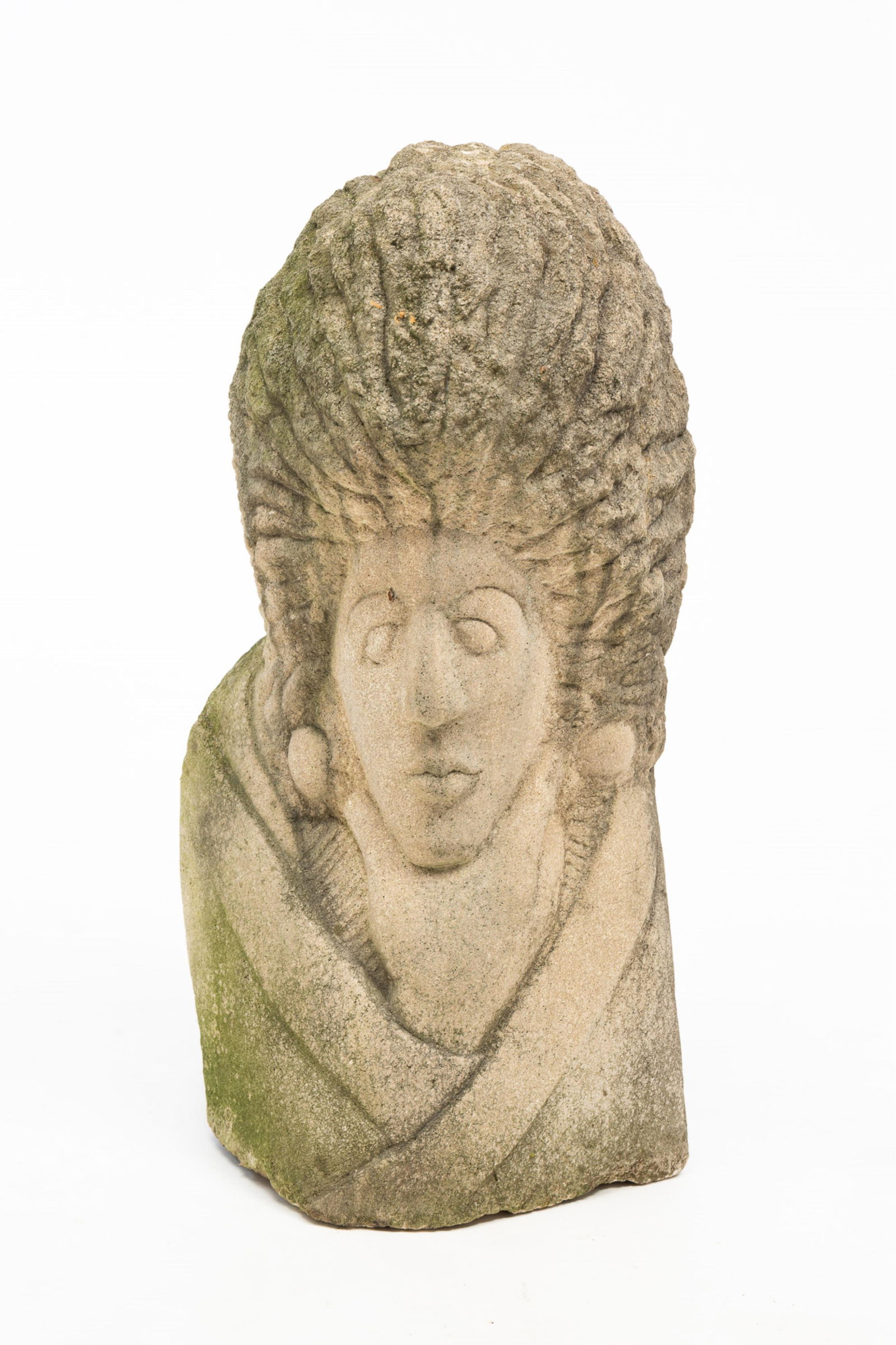 OUTSIDER ART LIMESTONE FEMALE PORTRAIT CARVING. 23"h. 12"w.: American, 20th Century. Depicting a female with a large hairstyle in the manner of Marie Antoinette.Provenance: The Lifetime Collection of Ron & the late Betty Kozlowski (Upper Arlington, Ohio).SHIPPI
