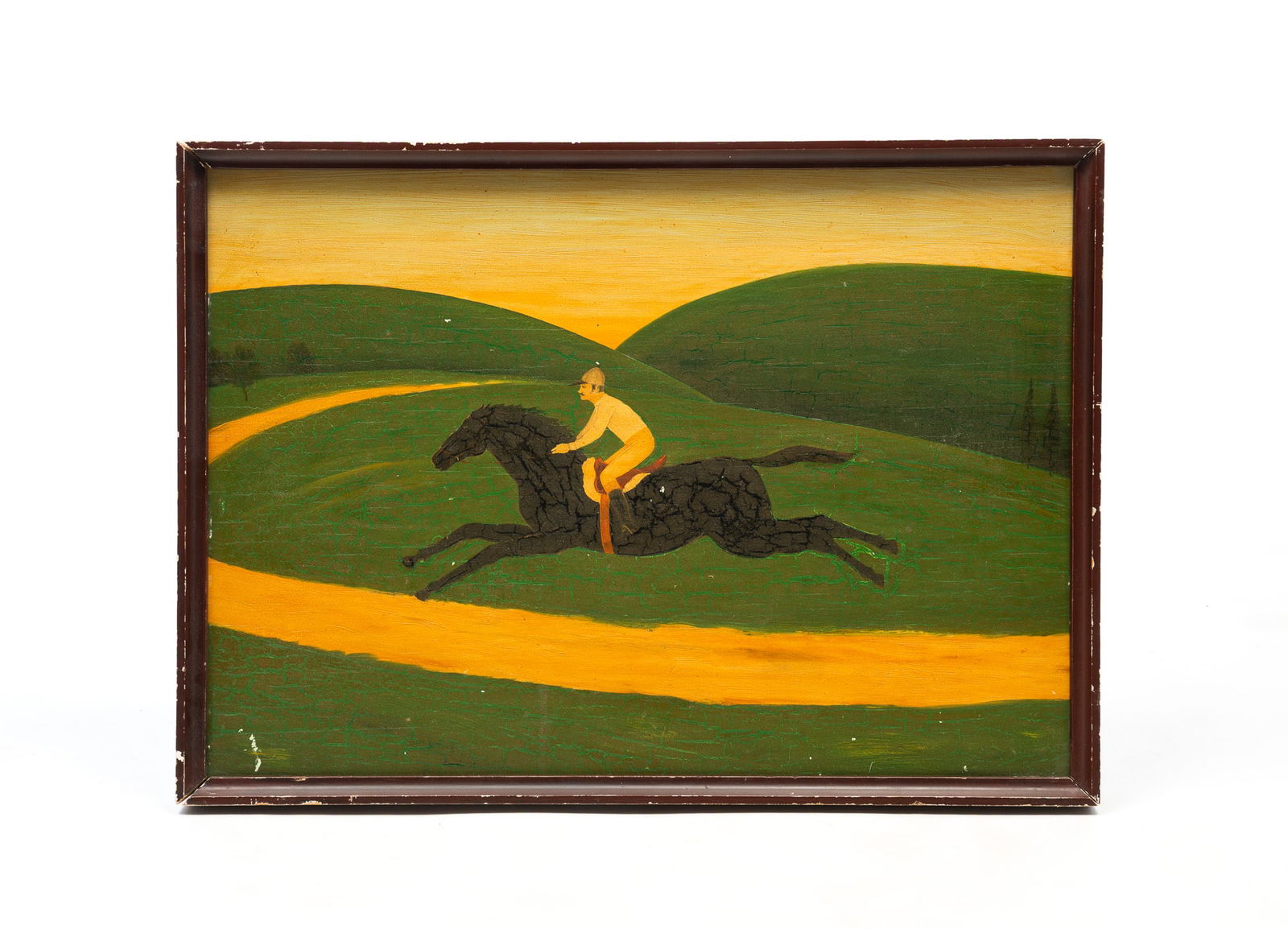 AMERICAN FOLK ART OIL ON BOARD OF A RACEHORSE AND JOCKEY. Framed, 17.75"h. 24.75"w. Board, 17"h. (1 of 3)