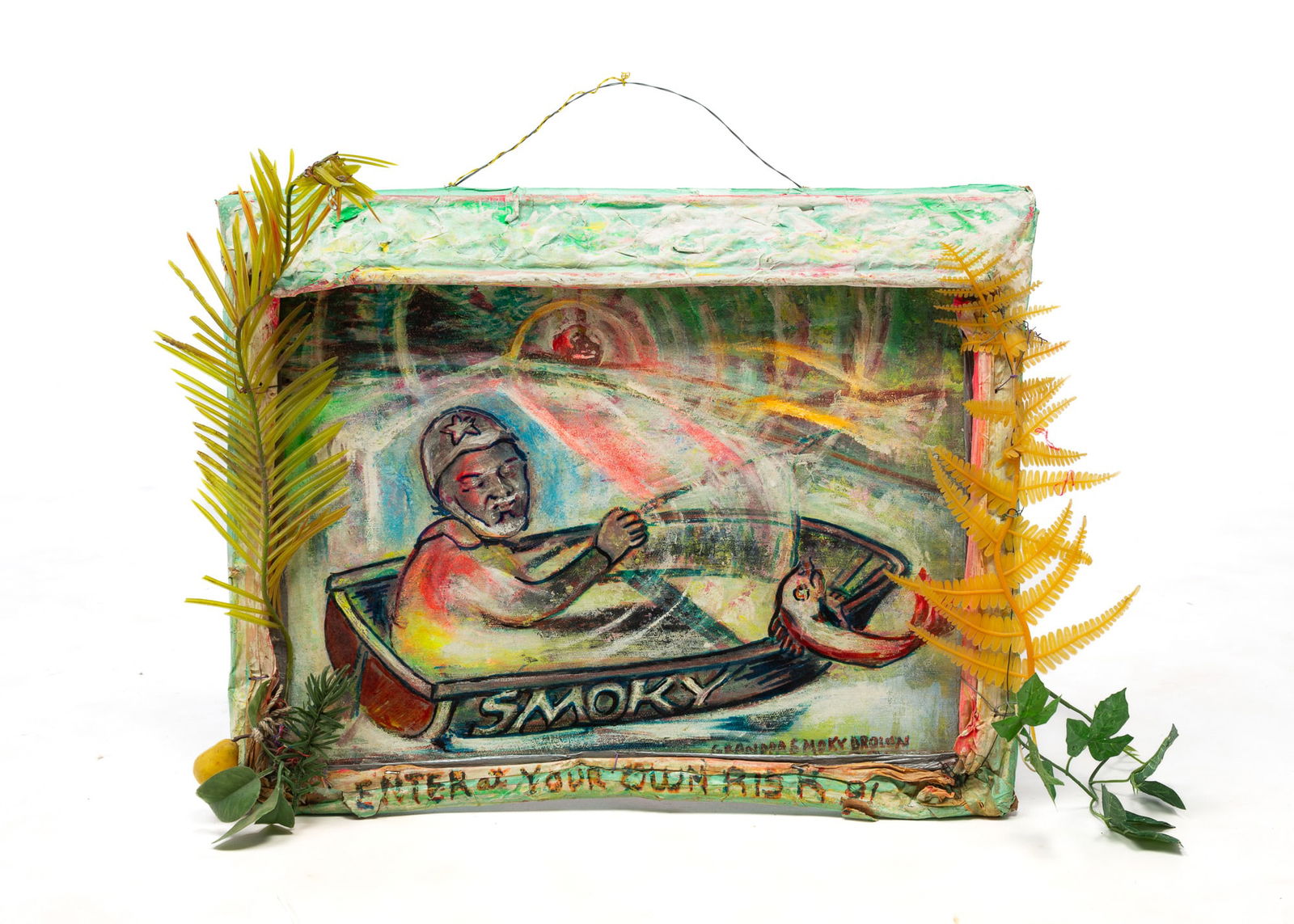 GRANDPA SMOKY BROWN (COLUMBUS, OHIO, 1919-2005) OUTSIDER ART MIXED MEDIA FISHING SELF-PORTRAIT.: American, 20th Century. Depicting a view of Smoky Brown in a boat under the sun in a decorated frame that reads "ENTER AT YOUR OWN RISK". Signed lower right.SHIPPING: All purchases from Amelia Jeffers