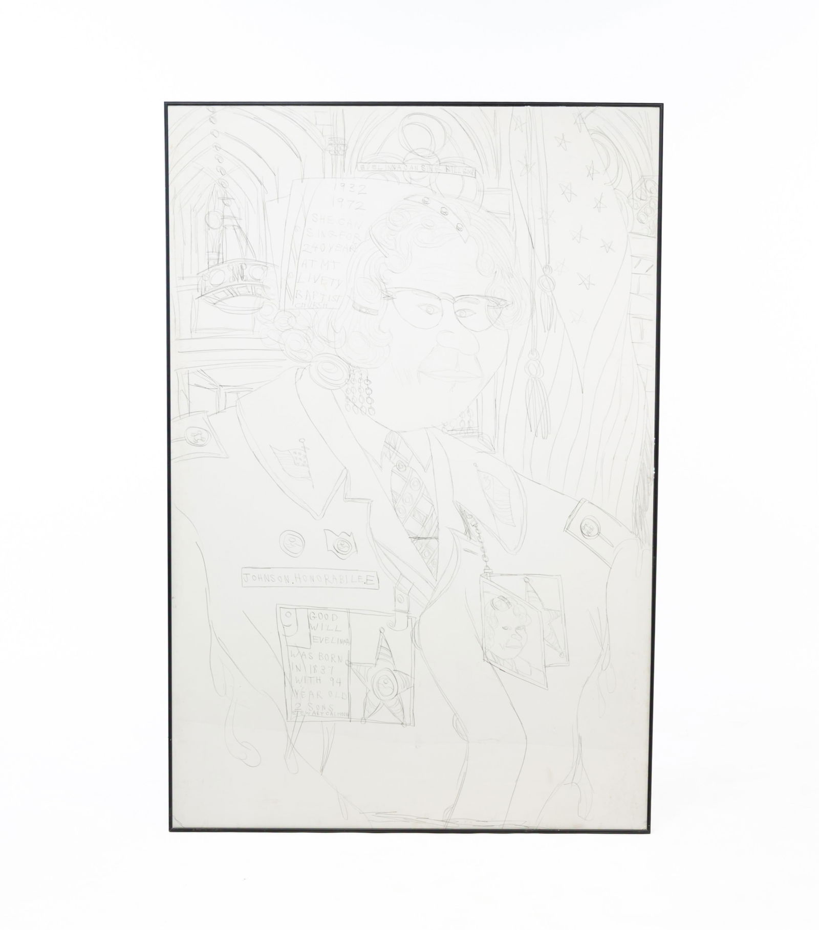 ALFRED MCMOORE (AKRON, OHIO, 1950–2009) LARGE OUTSIDER ART PENCIL PORTRAIT OF EVELINA HONORABLE: American, 20th century. On paper. Large portrait of Evelina wearing a jacket filled with lapel pins. In a black frame behind plexiglass.Provenance: From the Lifetime Collection of Chuck Auerbach.SHIPP