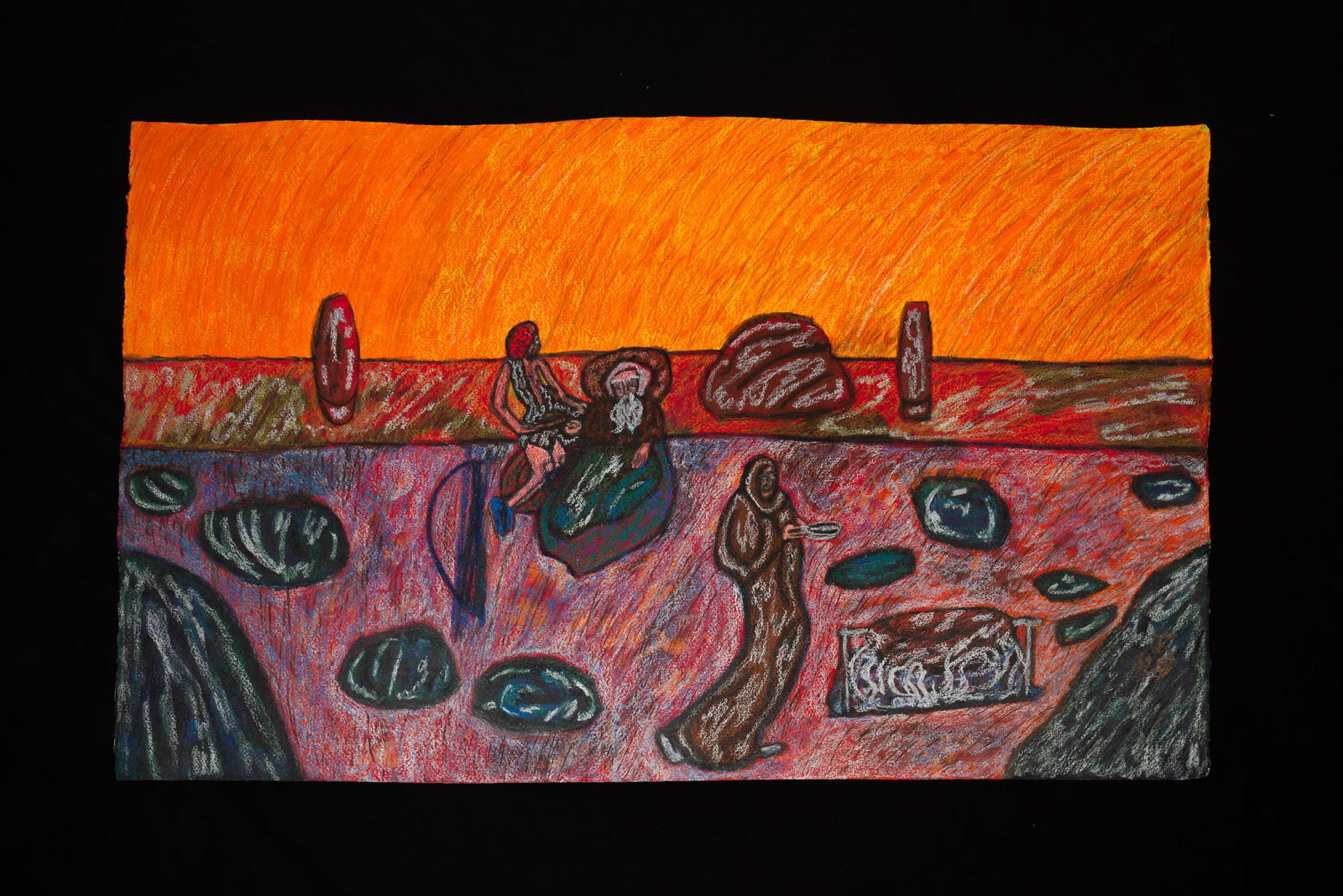 ANTHONY JOSEPH SALVATORE (YOUNGSTOWN, OHIO, 1938-1994) OUTSIDER ART OIL STICK OF BIBLICAL DESERT (1 of 6)