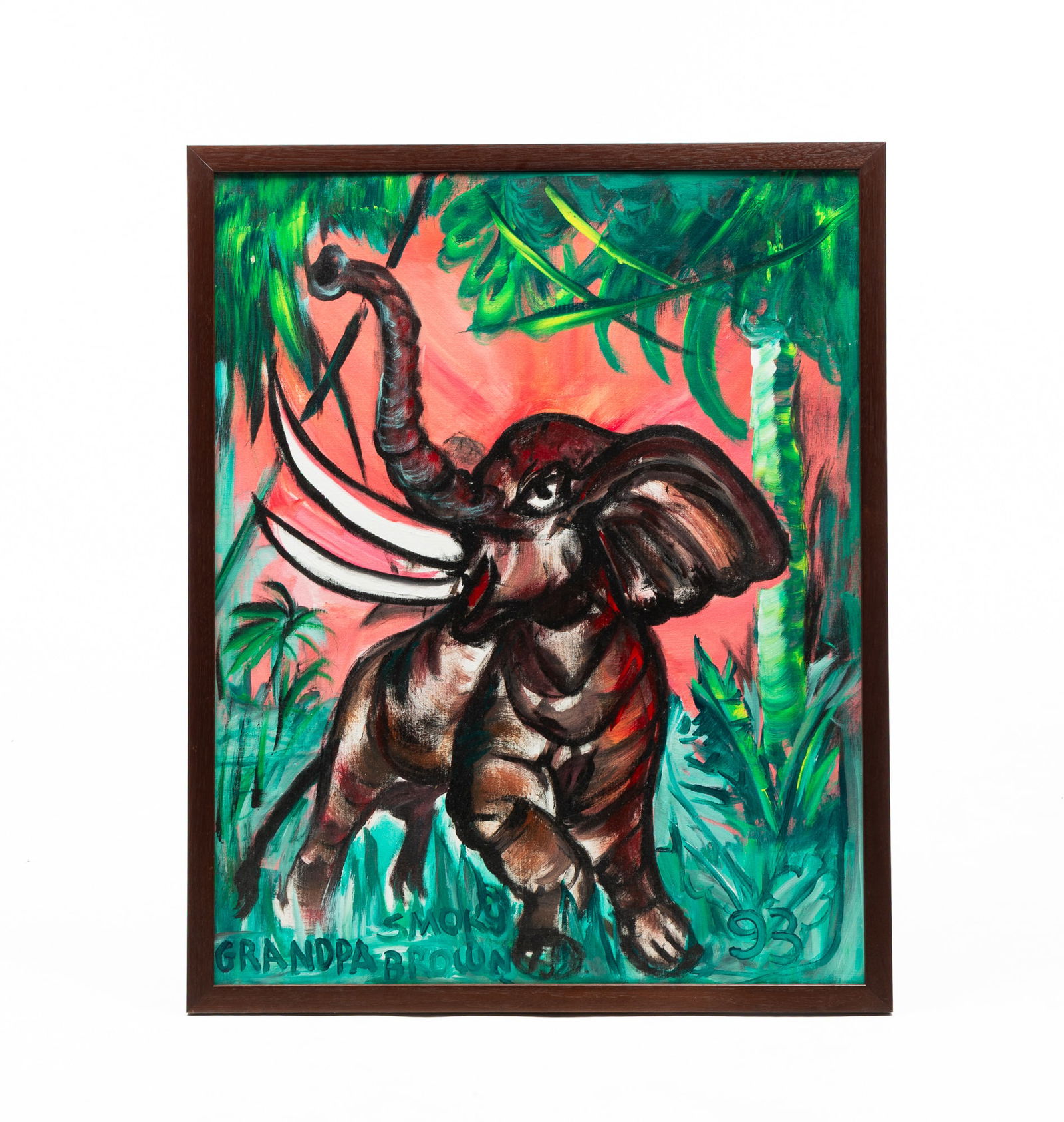 GRANDPA SMOKY BROWN (OHIO, 1919-2005) OUTSIDER ART OIL ON ARTIST'S BOARD ELEPHANT PORTRAIT. Frame, (1 of 5)