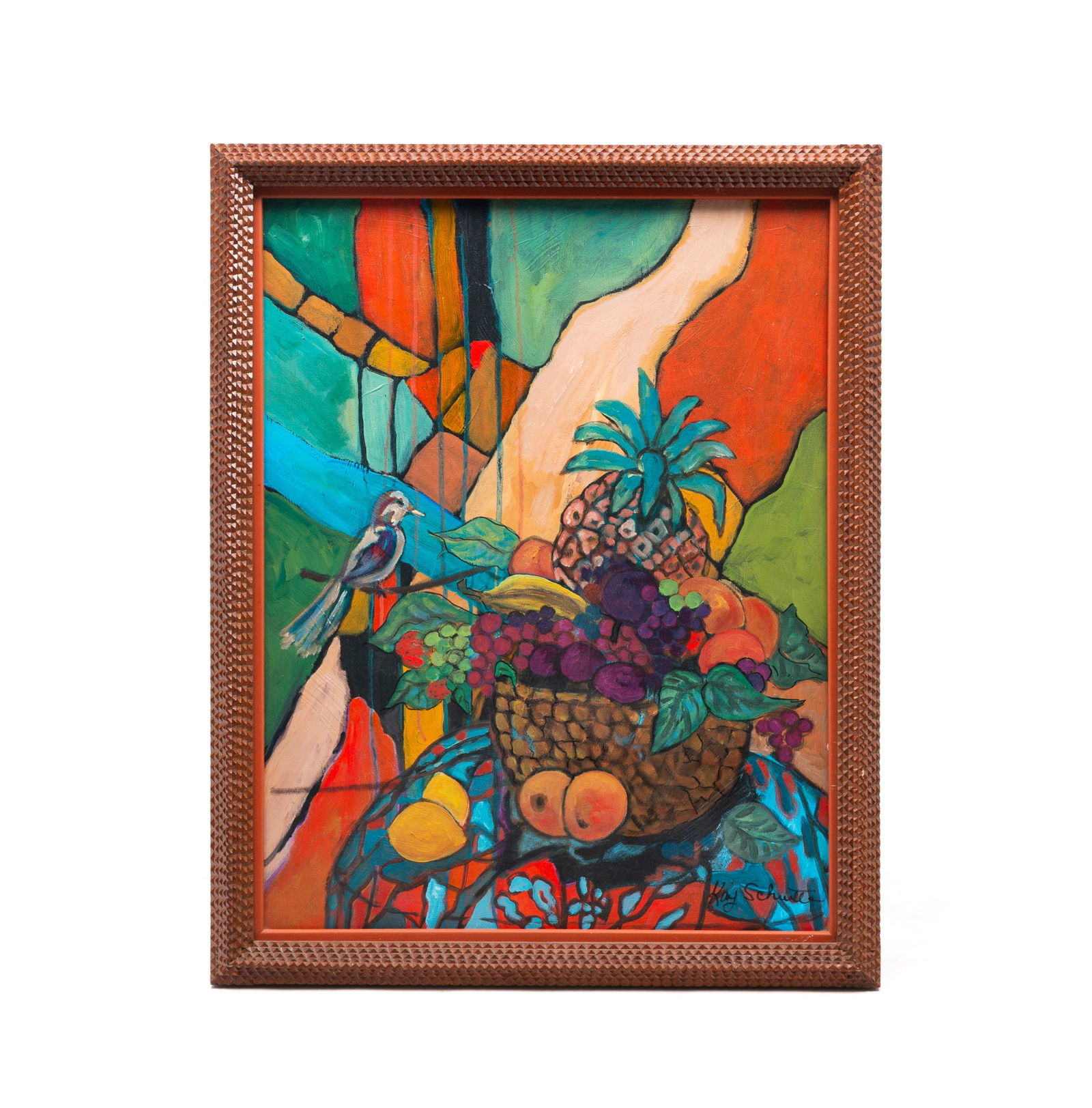 KAY SCHULTE (AMERICAN, 20TH CENTURY) OIL ON CANVAS OF CUBIST STILL LIFE. Frame, 31.75"h. 25"w. (1 of 5)