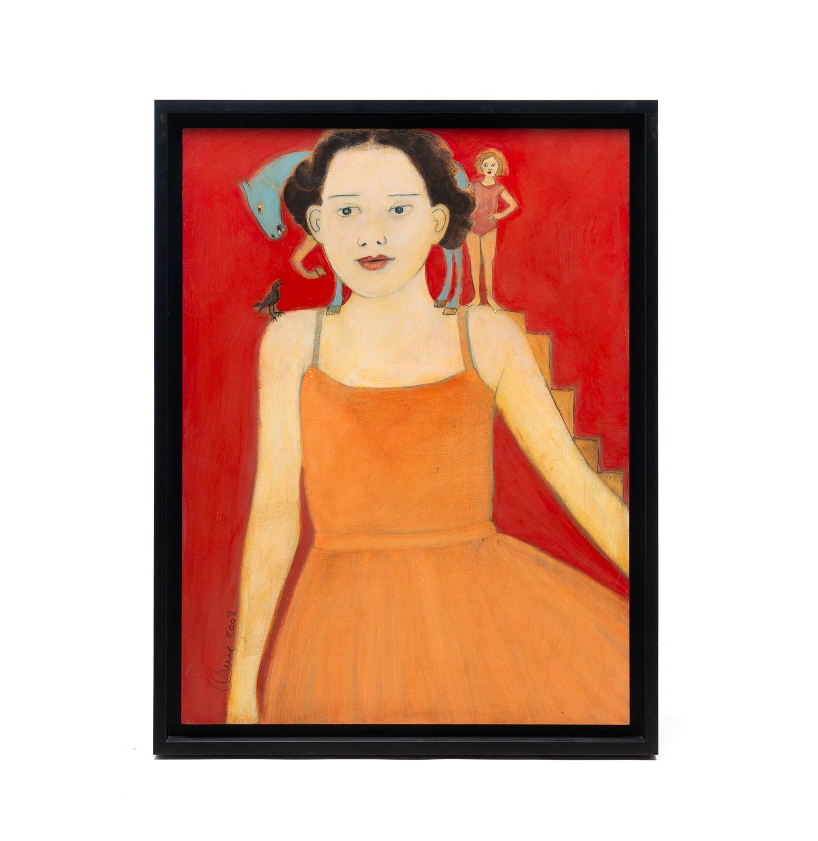STEP FORWARD OIL ON BOARD, DATED 2008.: Contemporary. Depicts a young girl wearing a peach dress with a bird, horse, and doll on her shoulders with steps up her arm on a red ground. Signed to back. In a floating frame.Provenance: The Lifeti