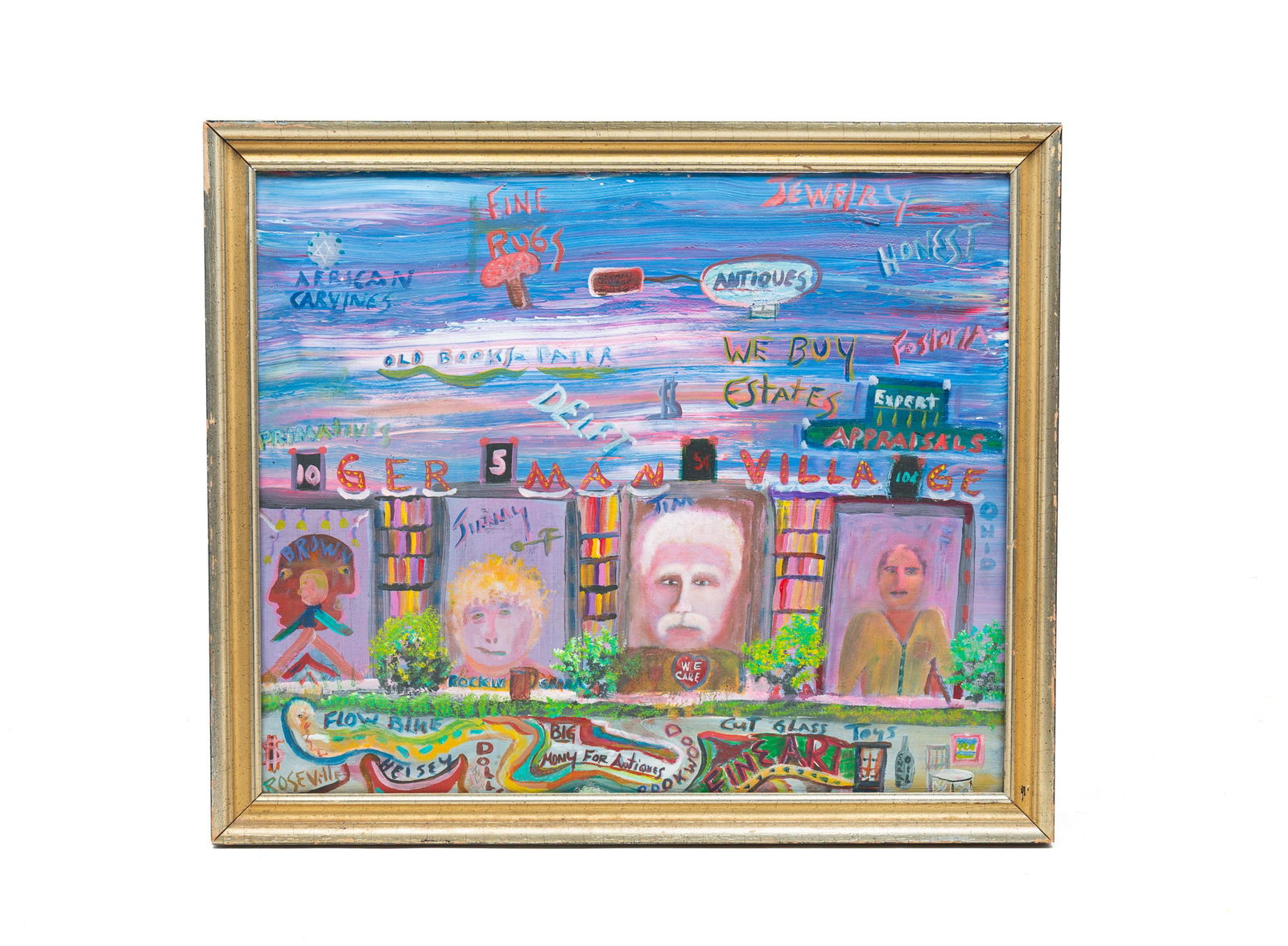 OUTSIDER ART PAINTING ON ARTIST'S BOARD OF GERMAN VILLAGE OHIO STREETSCAPE WITH SIGNS. Frame, (1 of 7)
