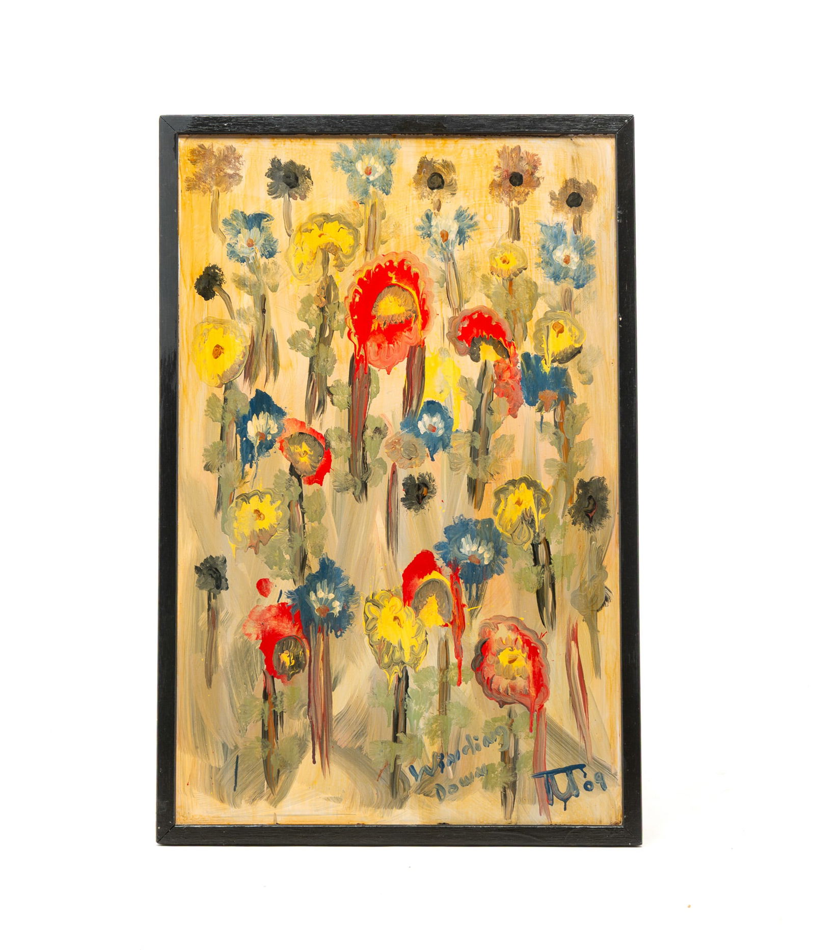"WINDING DOWN" OUTSIDER ART OIL ON BOARD OF COLORFUL FLOWERS, DATED 2009. Framed, 36"h. 23.75"w. (1 of 5)