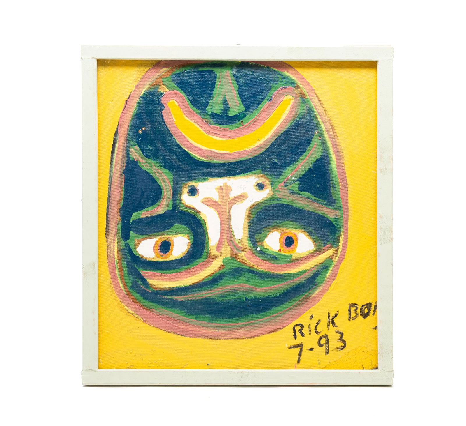 RICK BORG (COLUMBUS, OHIO, B. 1958) OUTSIDER ART ACRYLIC ON MASONITE DOUBLE-SIDED PORTRAIT PAINTING,: A double-sided painting depicting a portrait of a bearded man with glasses against a green background on one side and a large, colorful stylized frowning face against a yellow background on the other.