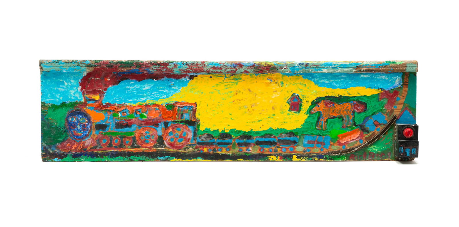 RICK BORG (COLUMBUS, OHIO, B. 1958) "TRAIN THROUGH THE LAND" MIXED MEDIA ON PLYWOOD, DATED 2018.: American, 21st Century. Depicting a train chugging through a landscape, past a house and a horse, with an applied toy train track and electrical switch, a strip of ogee wood molding at top. Verso insc