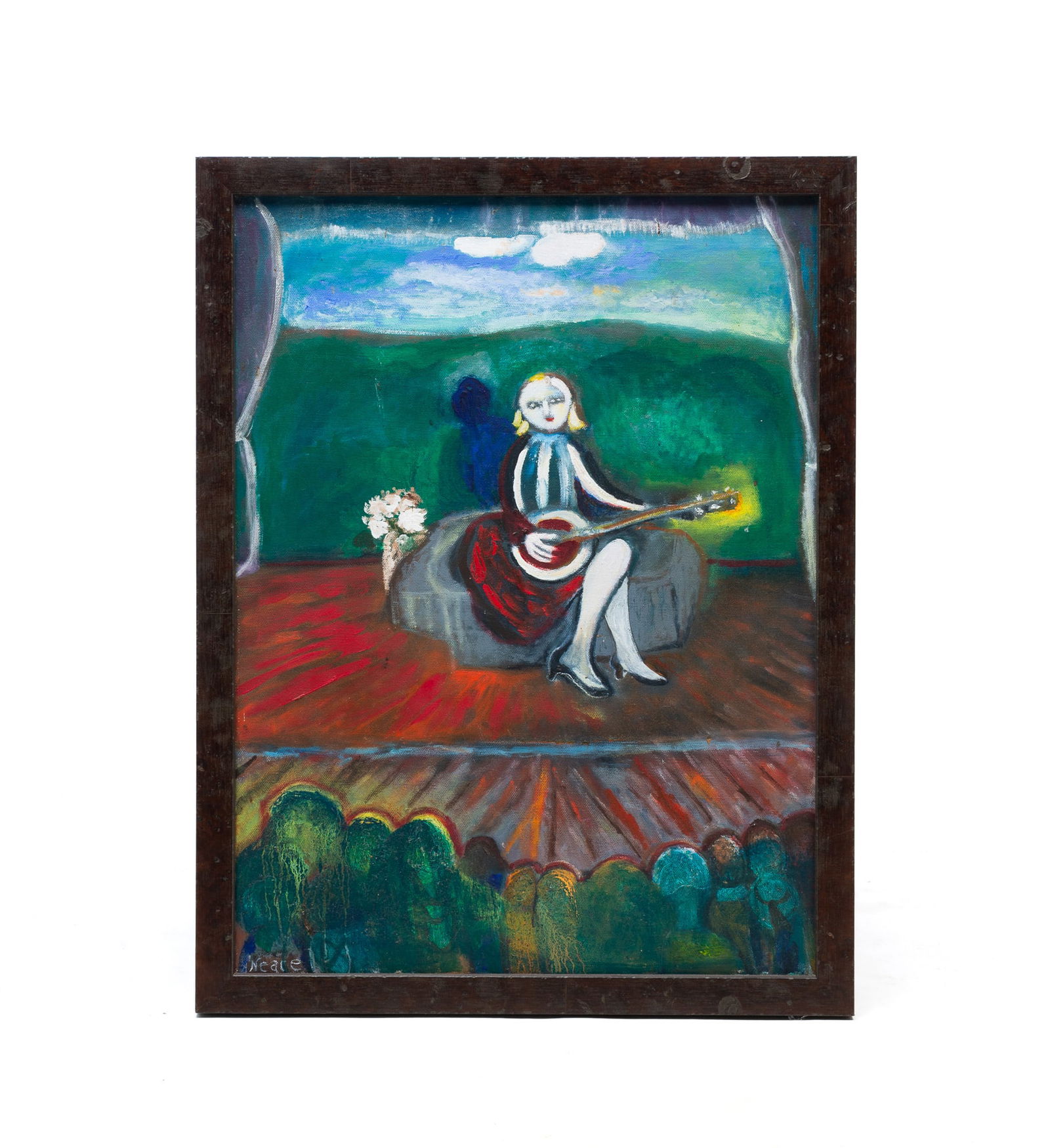 NEARE (AMERICAN, CONTEMPORARY) OUTSIDER ART ACRYLIC ON CANVAS OF MUSICIAN. Frame, 26"h. 20"w. Sight,: Depicting a girl playing banjo on stage in front of an audience. Signed "Neare" to lower left corner.Provenance: The Lifetime Collection of Ron & the late Betty Kozlowski (Upper Arlington, Ohio).SHIPP