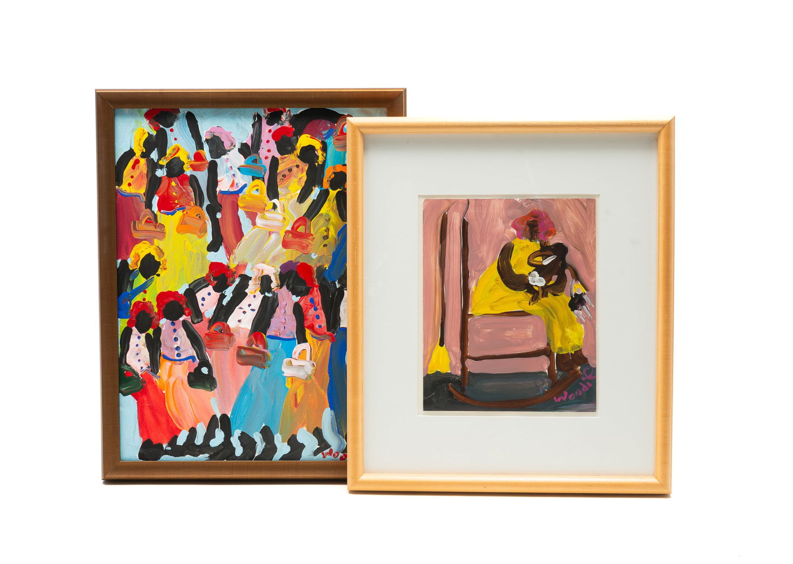 TWO WOODIE LONG (FLORIDA, 1942-2009) OUTSIDER ART ACRYLIC PAINTINGS OF FIGURES. Largest frame, (1 of 6)