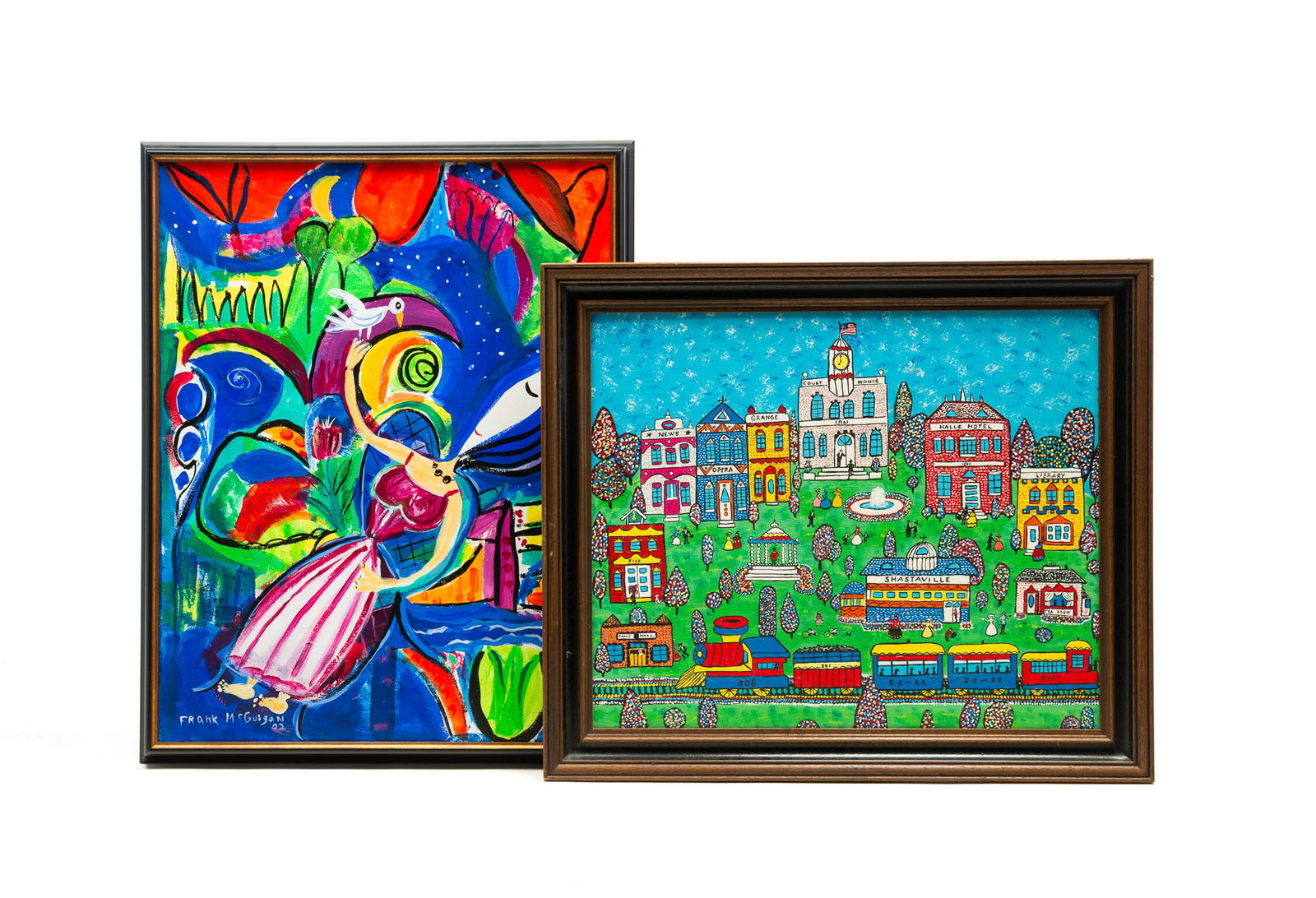 TWO ACRYLIC PAINTINGS BY OUTSIDER ARTISTS, FRANK MCGUIGAN AND EMMA. The larger frame, 30"h. 24"w.: American, ca. 2000. The first on canvas and a colorful depiction of a woman holding a white bird on her finger, signed and dated "Frank McGruigan 02" at lower left. Framed. Frame, 30"h. 24"w. Sight, 2