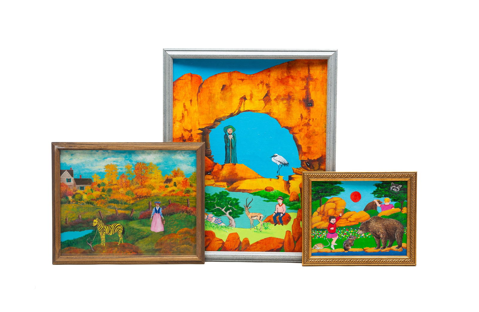 THREE MICHAEL MARECAK (AMERICAN, CONTEMPORARY) ACRYLIC ARTWORKS. The largest frame, 21.5"h. 17.5"w. (1 of 5)