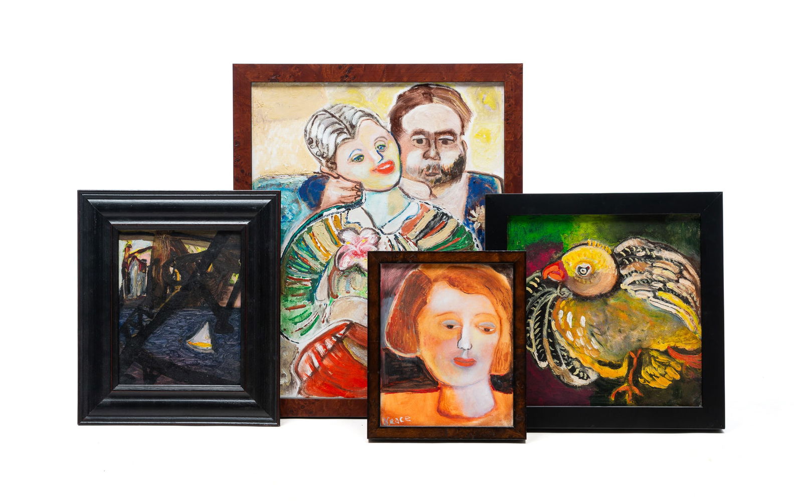 FOUR JO NEACE KRAUSE (KENTUCKY, B. 1935) OUTSIDER ART OIL ON CANVAS PAINTINGS. Largest frame, 22"h. (1 of 7)