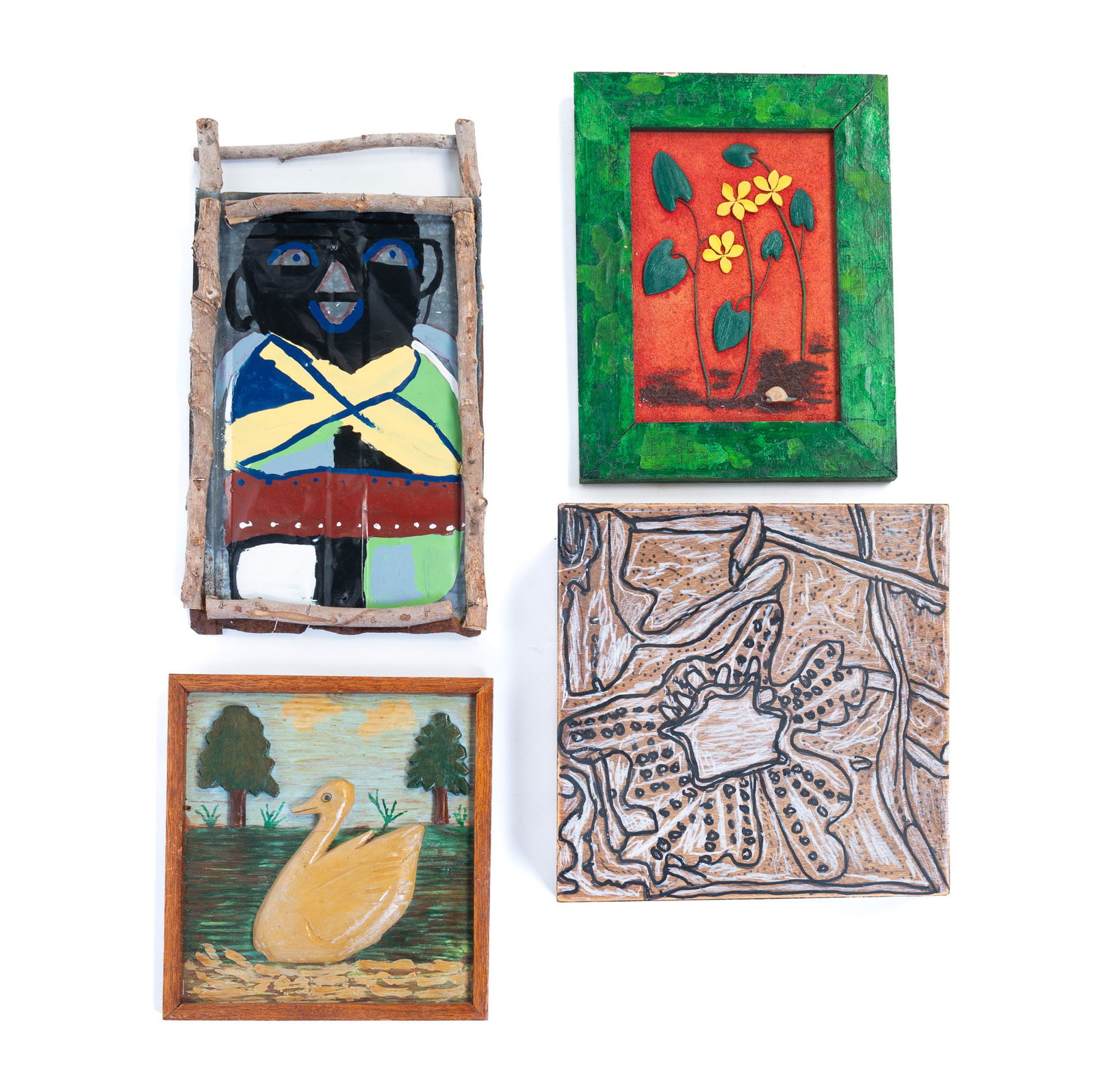 FOUR OUTSIDER ARTWORKS, INCL. TOM PENDLETON (AMERICAN, 20TH CENTURY). Largest (box), 12"h. 12"w. (1 of 9)