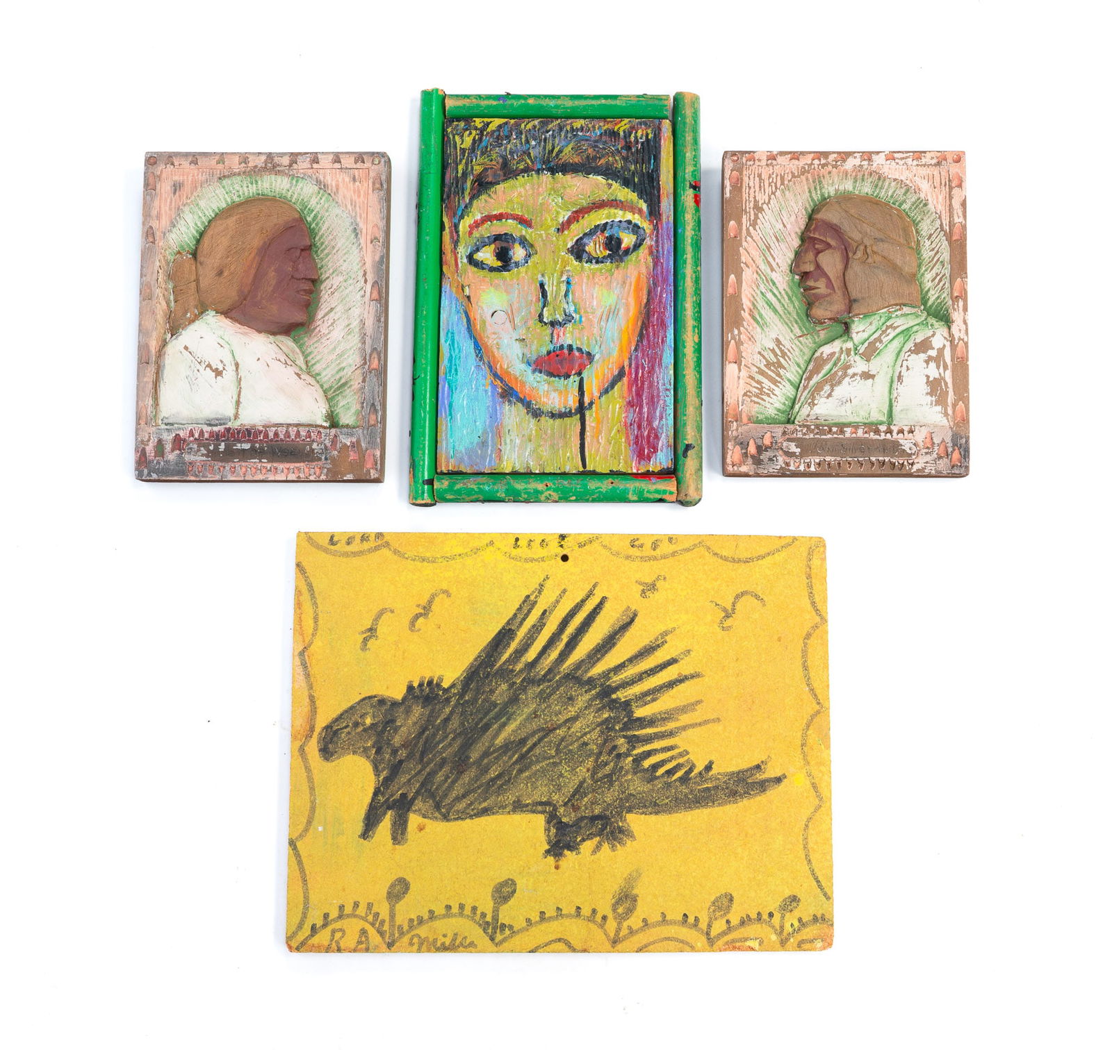 FOUR OUTSIDER ARTWORKS, INCL. RICK BORG (COLUMBUS, OHIO, B. 1958), R.A. MILLER (GEORGIA, 1912-2006),: A pair of Mary Mills portrait carvings; one of Emma the Weaver and the other of John Silversmith. A Rick Borg portrait on panel in vibrant colors with a green make-do frame, signed to back and at bott