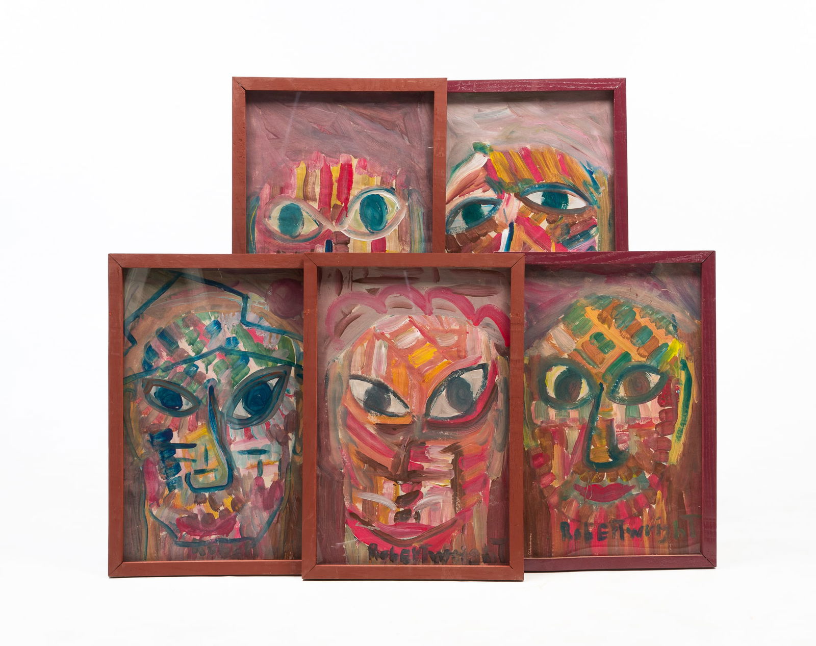 SET OF FIVE ROBERT WRIGHT (PITTSBURGH, PENNSYLVANIA, 1943-2006) OUTSIDER ART PORTRAITS. 19"h. 13"w. (1 of 7)