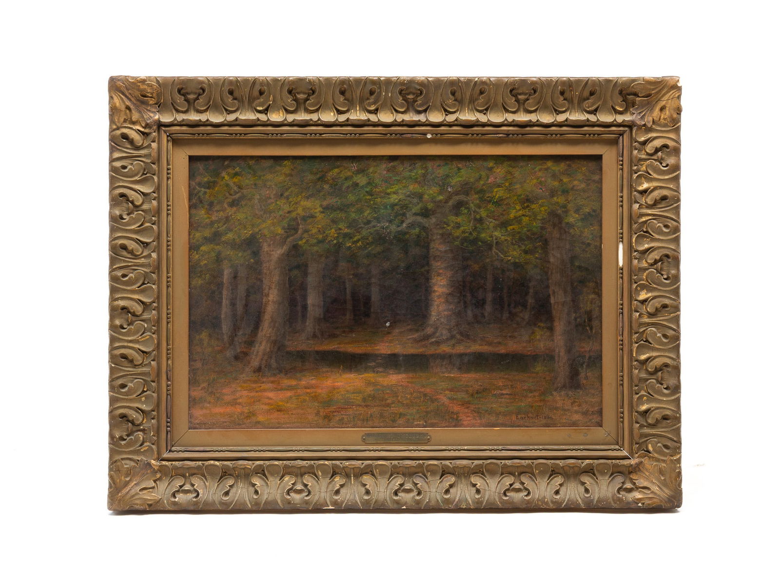 JOHN FRANKLIN EARHART (CINCINNATI, OHIO, 1853-1938) "WOODS AT TWILGHT" OIL ON CANVAS, DATED 1866.: American. A body of water at the edge of the tree-filled woods. Signed and dated lower right. In an ornate giltwood and composition frame with an engraved brass name plaque.SHIPPING: All purchases fro