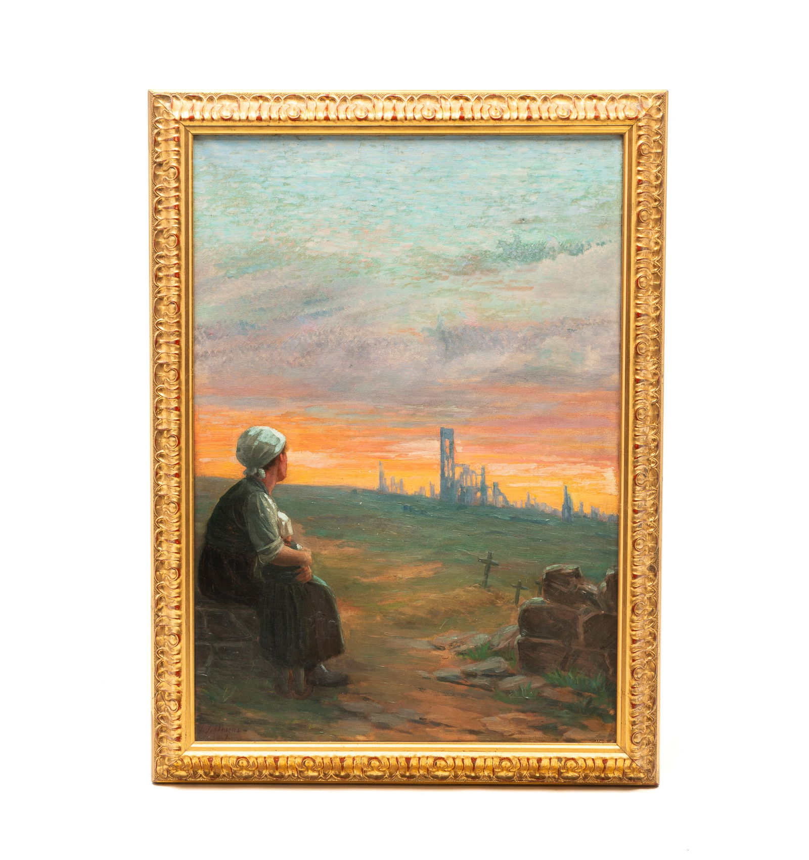 JOHN JOSEPH "J.J." OWENS (WHEELING, WEST VIRGINIA, 1887-1931) OIL ON CANVAS OF MOTHER AND CHILD,: American. Depicting a view of a mother embracing her child near cross grave markers, under a colorful sky, and a skyline in the background. Signed and dated in lower left corner. In an ornate frame.Pr