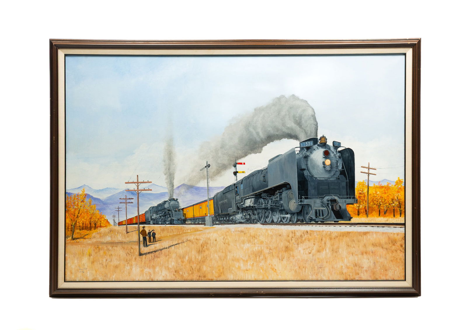 C.L. SMITH (AMERICAN) UNION PACIFIC STEAM LOCOMOTIVES OIL ON CANVAS. Frame, 46"h. 65.5"w. Canvas, (1 of 7)