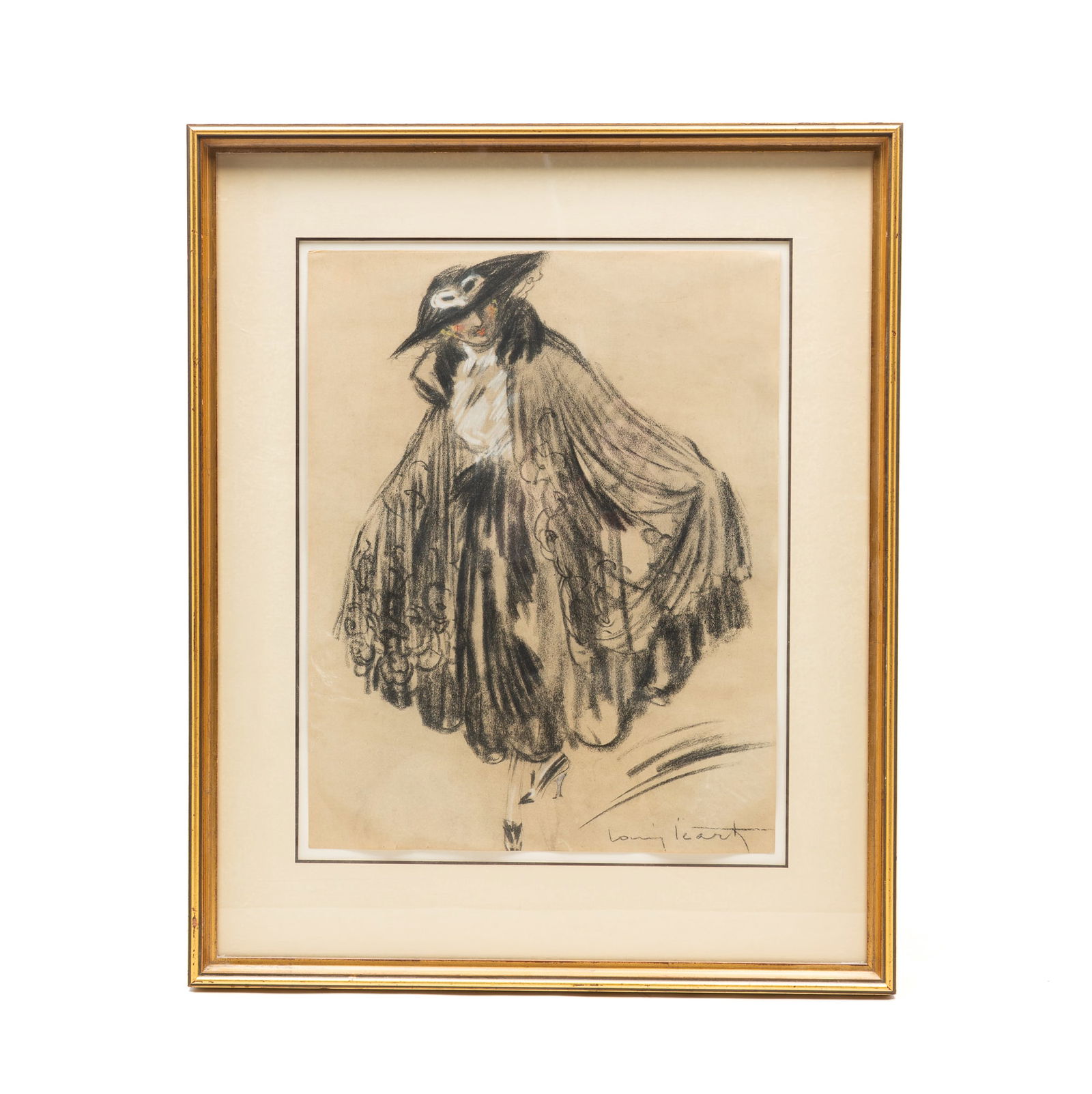 LOUIS ICART (FRENCH, 1888-1950) "COSTUME FOR VENICE" MIXED MEDIA ON PAPER. Frame, 25"h. 20.75"w. (1 of 4)