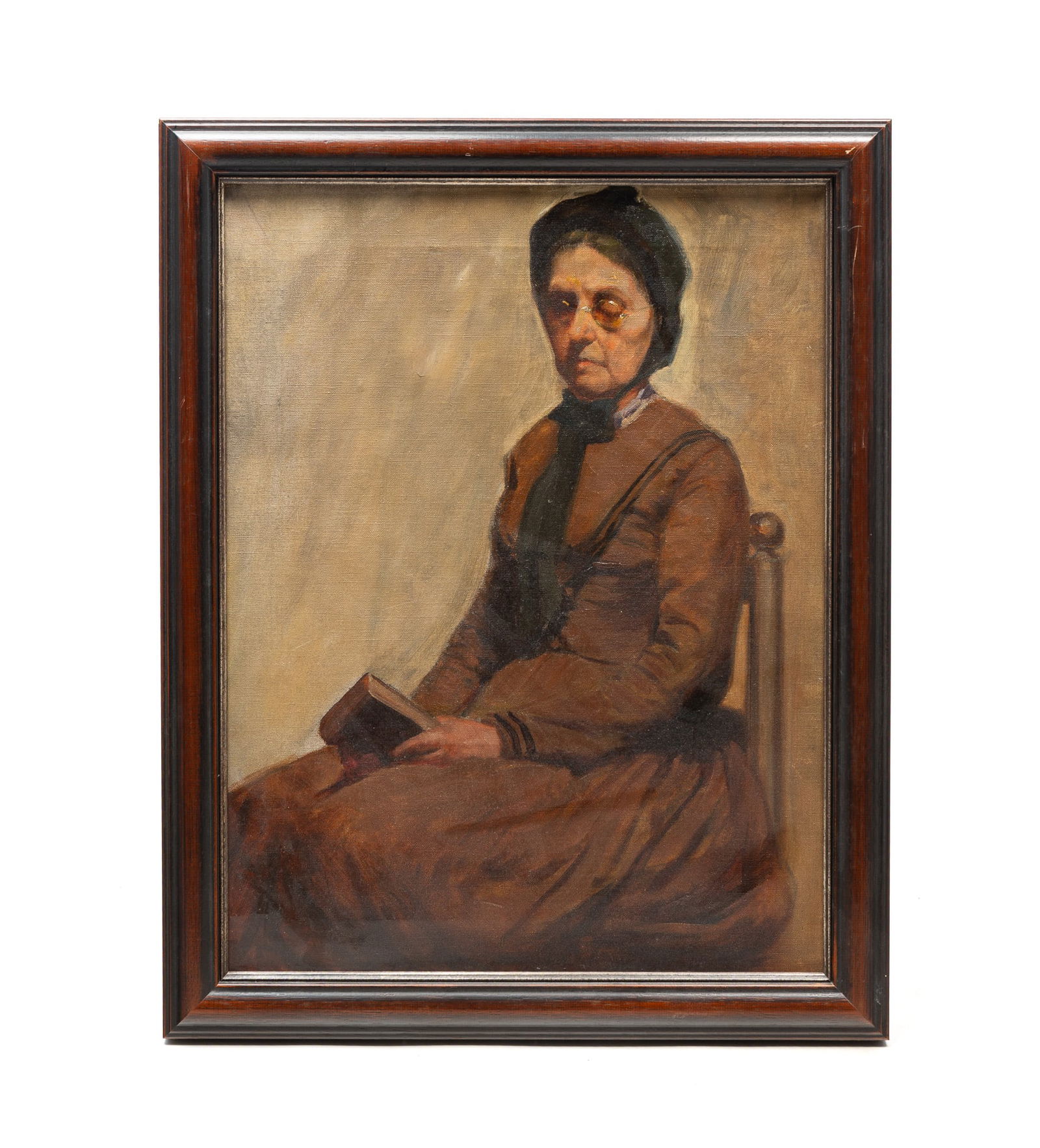 GEORGE GUSTAV ADOMEIT (AMERICAN, 1879-1967) OIL ON CANVAS PORTRAIT OF SEATED WOMAN. Frame, 25.5"h.: 20th Century. A seated woman wearing glasses and a brown dress with her eyes closed, and a book in her hands. Signed on canvas verso. Presented in a wood frame.Provenance: The Lifetime Collection of R