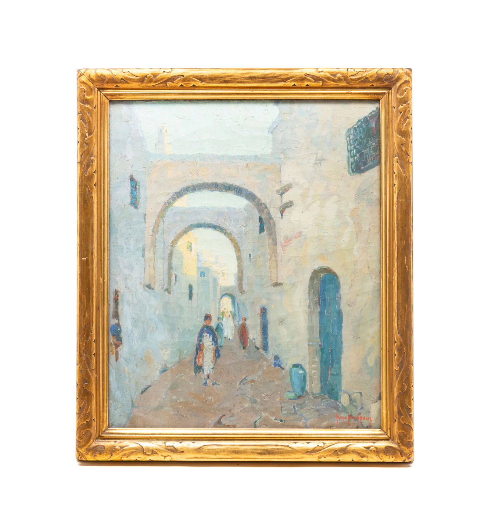 IRMA RENÉ KOEN (AMERICAN, 1893-1975) OIL ON CANVAS OF AN ARCHED STREET IN A NEWCOMB-MACKLIN FRAME. (1 of 6)