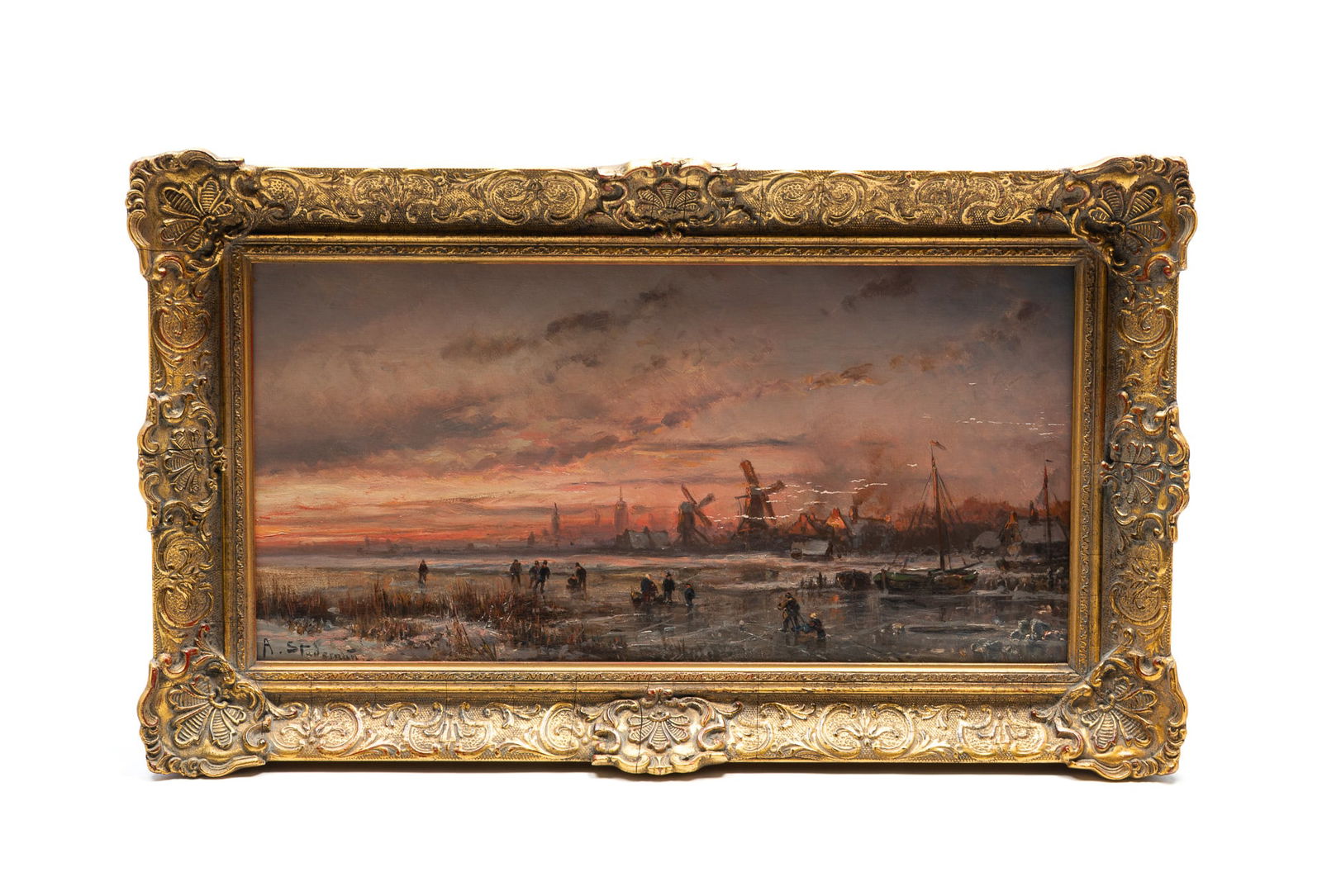 ADOLPH STADEMANN (GERMAN, 1824-1895) "ICE SKATING AT SUNSET" OIL ON BOARD. Frame, 15.25"h. 25.75"w. (1 of 6)