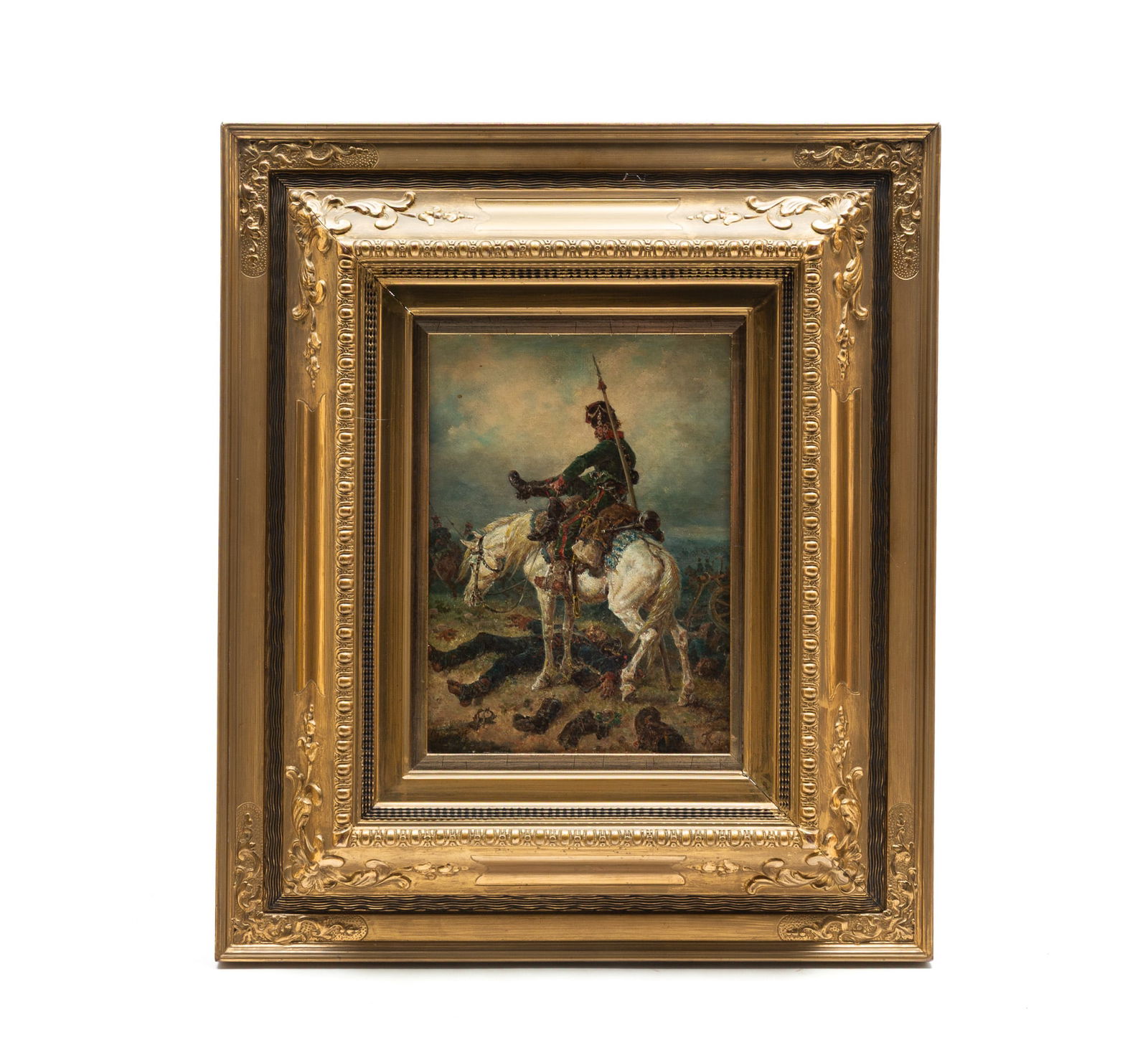 FRIEDRICH KAISER (GERMAN, 1815-1890) OIL ON CANVAS OF PRUSSIAN SOLDIER ON WHITE HORSE. Frame, (1 of 6)
