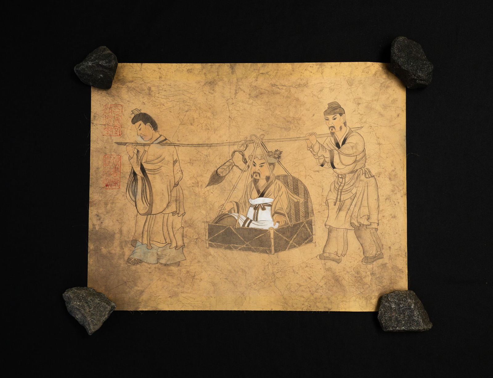 CHINESE SCHOOL MIXED MEDIA PAINTING ON SILK. 13.5"h. 20"w.: Late Qing dynasty to early Republic period, Ca. 1880–1915. Silk laid on paper. Depicting a narrative figural procession scene, bearing two collector seals.SHIPPING: All purchases from Amelia Jeffers