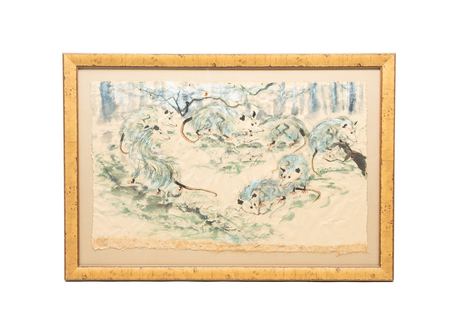 ELIZABETH ALLISON (NEW YORK, B. 1975) INK AND WATERCOLOR ON LAID PAPER OF OPOSSUMS. Frame, 32"h. (1 of 6)