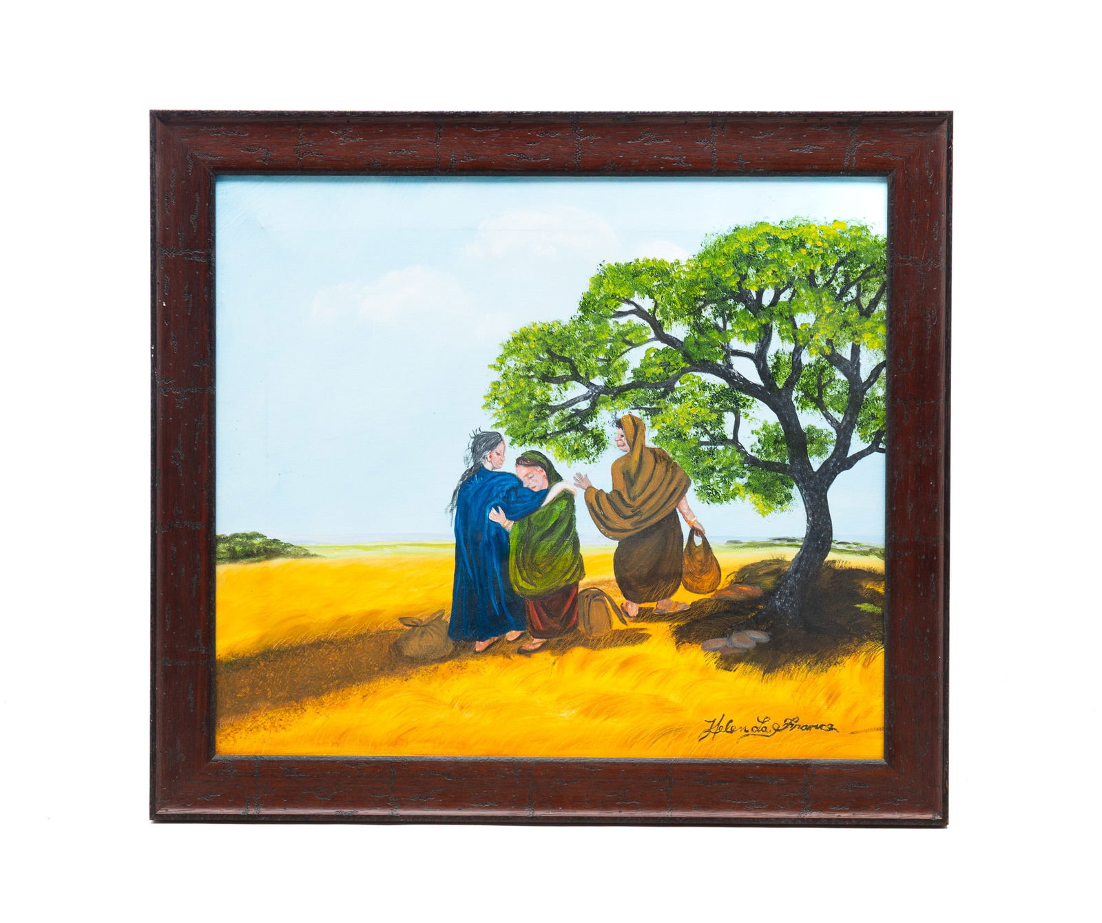 HELEN LAFRANCE (AMERICAN, 1919-2020) ACRYLIC ON CANVAS OF THREE WOMEN IN A LANDSCAPE.: Ca. 2000. Depicting three women under a tree in a vast landscape, one woman crying and another consoling her while one waves goodbye. Signed at lower right. Sight, 19.75"h. 22.5"w.Provenance: The Life