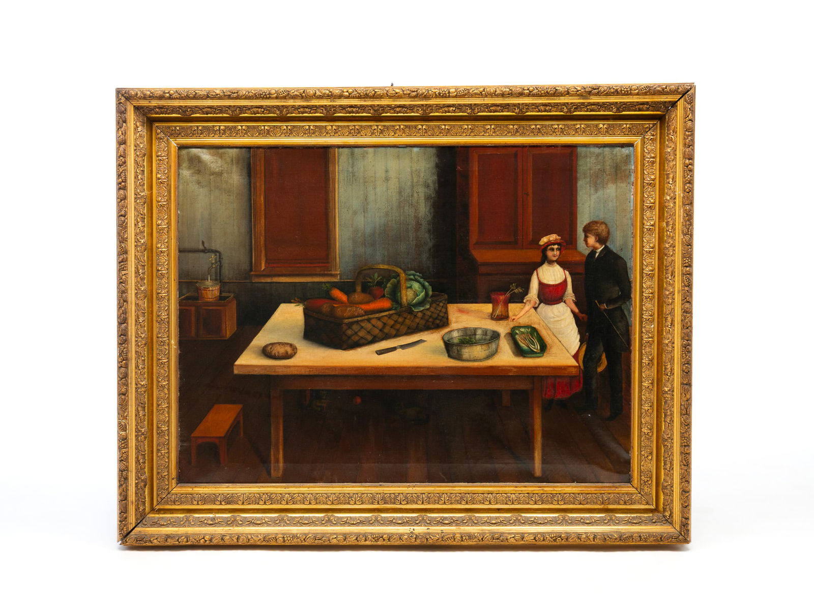 LARGE AMERICAN SCHOOL OIL ON CANVAS OF KITCHEN INTERIOR SCENE.: Mid-19th Century. Well-dressed young lady standing by a kitchen work table holding a basket of vegetables, a basin of water, knife and other items with a sink and cupboard in the background. In a peri