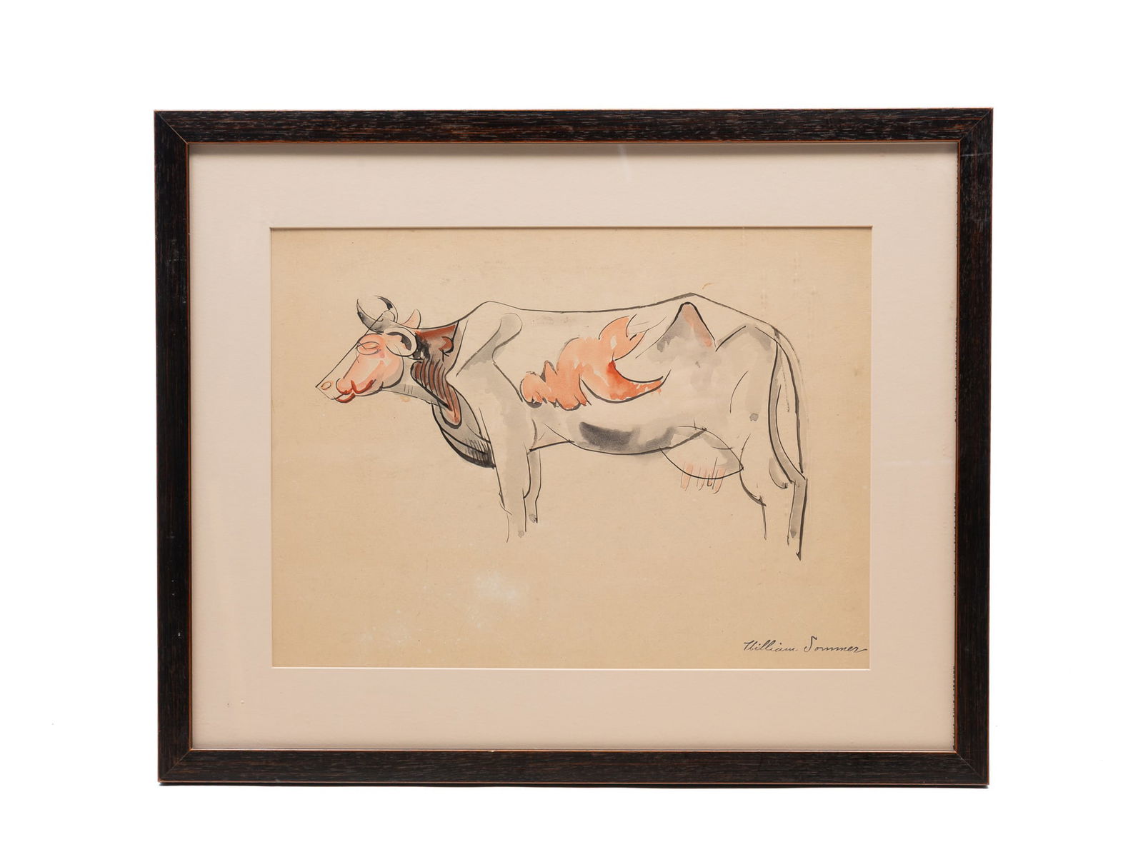 WILLIAM SOMMER (CLEVELAND, OHIO, 1867-1949) INK AND WATERCOLOR OF A COW. Frame, 19"h. 23.5"w. (1 of 4)