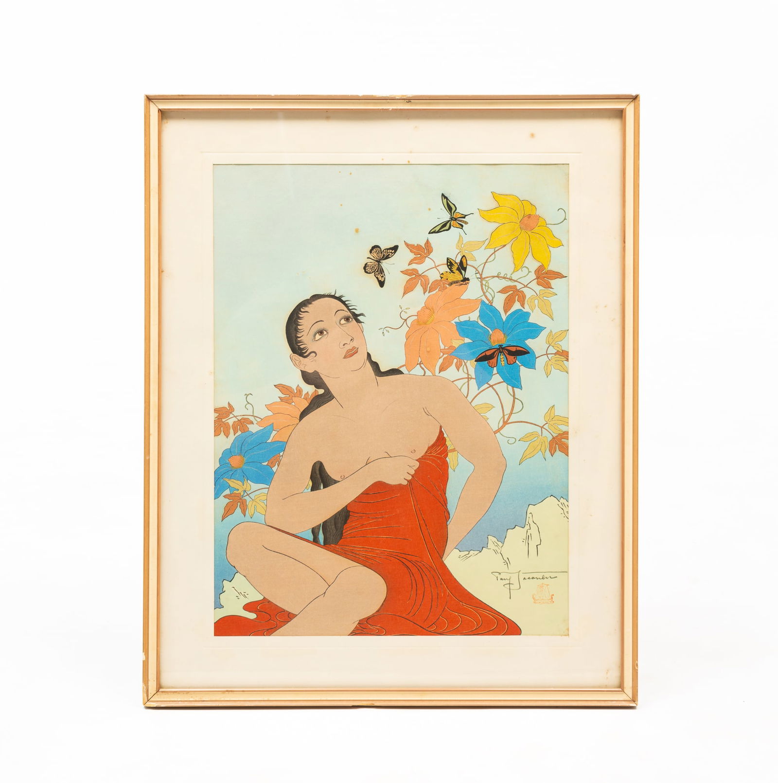 PAUL JACOULET (FRENCH/JAPANESE, 1896-1960) "LES PAPILLONS TROPIQUES" WOODBLOCK PRINT. Framed, (1 of 4)